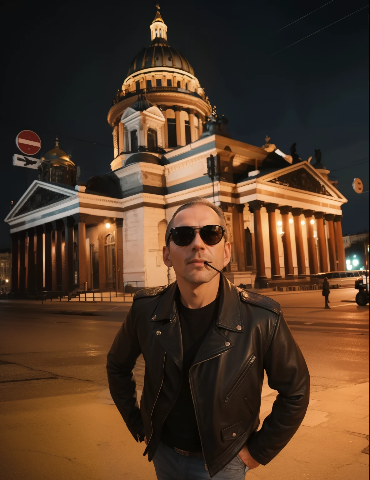 Guy in a black leather jacket, guy in sunglasses looking at the camera, In St. Petersburg, night photo, realism, A cigar in your mouth, clear photo