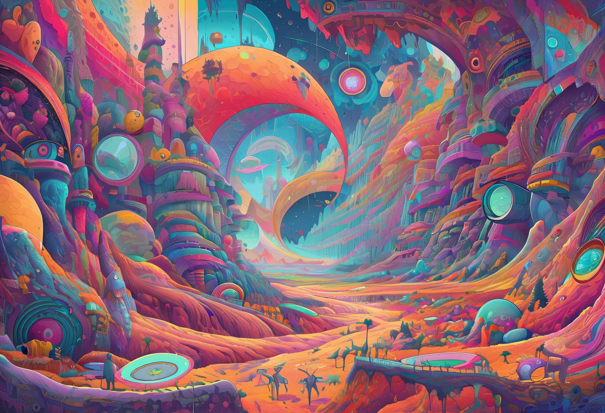 Alien landscape, interstellar travel, surreal elements, inspired by the filmmaking of Stanley Kubrick by artist moebius
