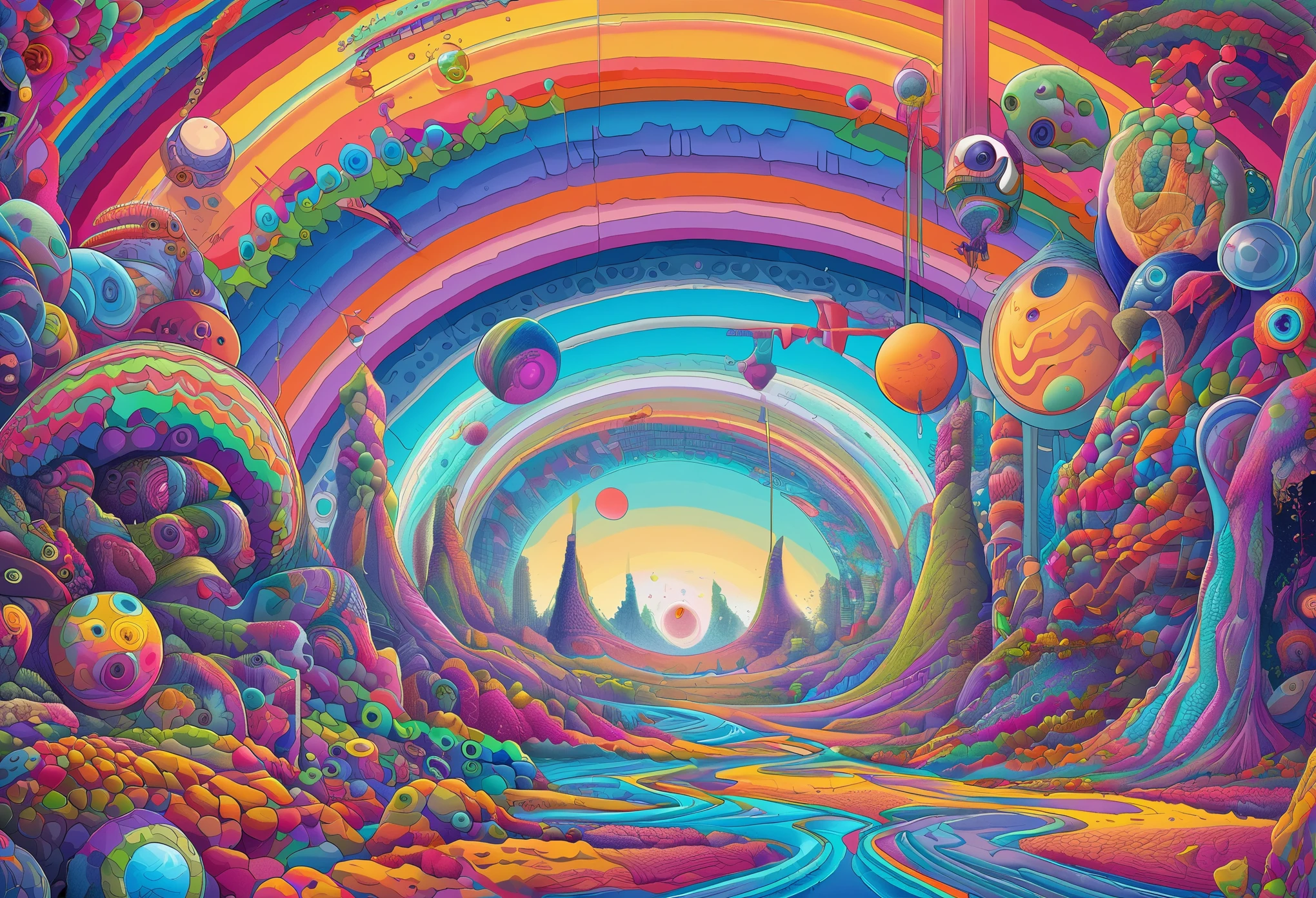Alien landscape, interstellar travel, surreal elements, inspired by the filmmaking of Stanley Kubrick by artist moebius