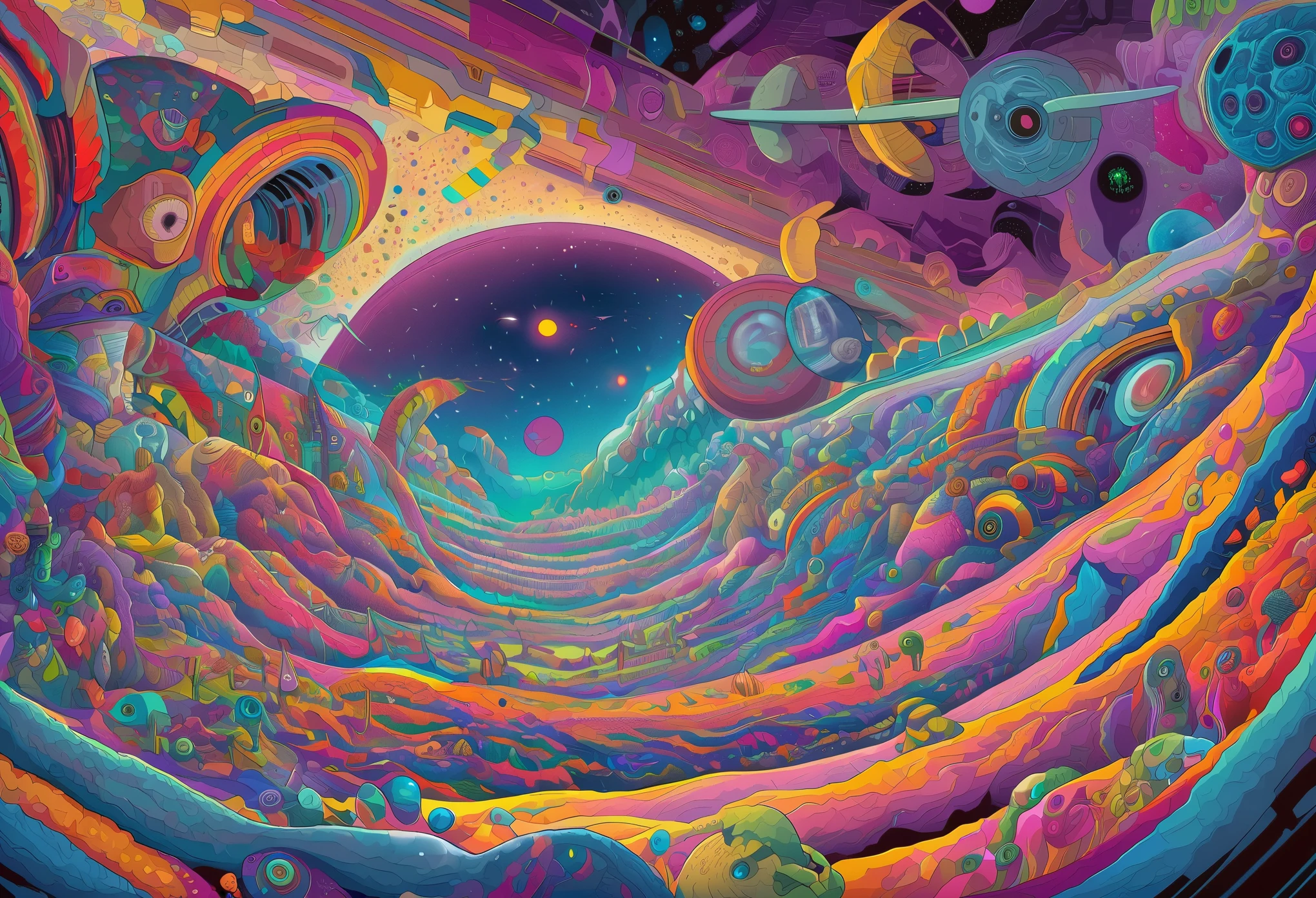 Alien landscape, interstellar travel, surreal elements, inspired by the filmmaking of Stanley Kubrick by artist moebius