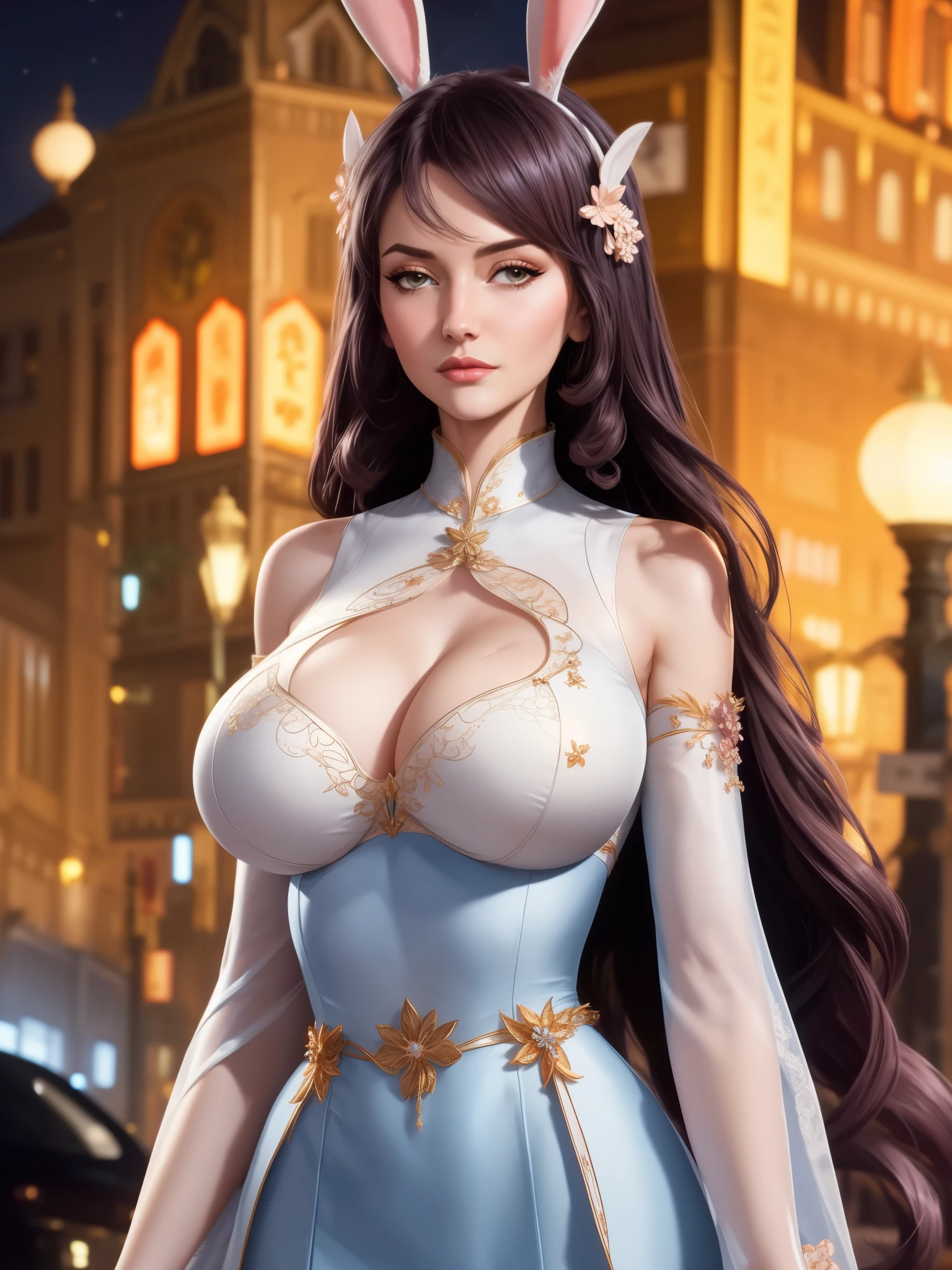 1girl,mature female, looking at viewer, cityscape, night, hair ornament, long hair, fake animal ears, skirt,shirt,clothing cutout, rabbit ears, detached sleeves,A lovely beautiful girl，lovely and delicate，Peerless beauty，Delicate hair accessories，pitying，（messy  hair），Costume in lace，Supple skin，Fashionab，A delicate painting，Clover hairpins，Blue，Ultra-high image quality，8K，depth of fieldacro lens），Ambient lighting，high light，Upper body animation style,Comics,High quality above the waist，huge ，huge ，exposed breasts，Show breasts，