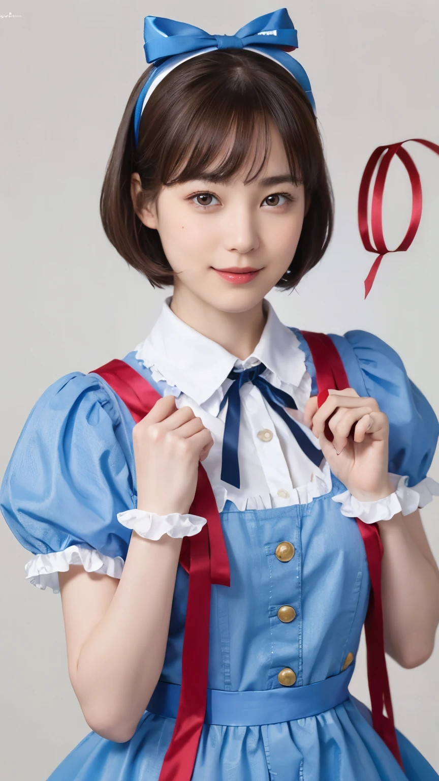 188 (alice in wonderland), (wearing a large ribbon on your head,,), short hair, young woman, gentle smile