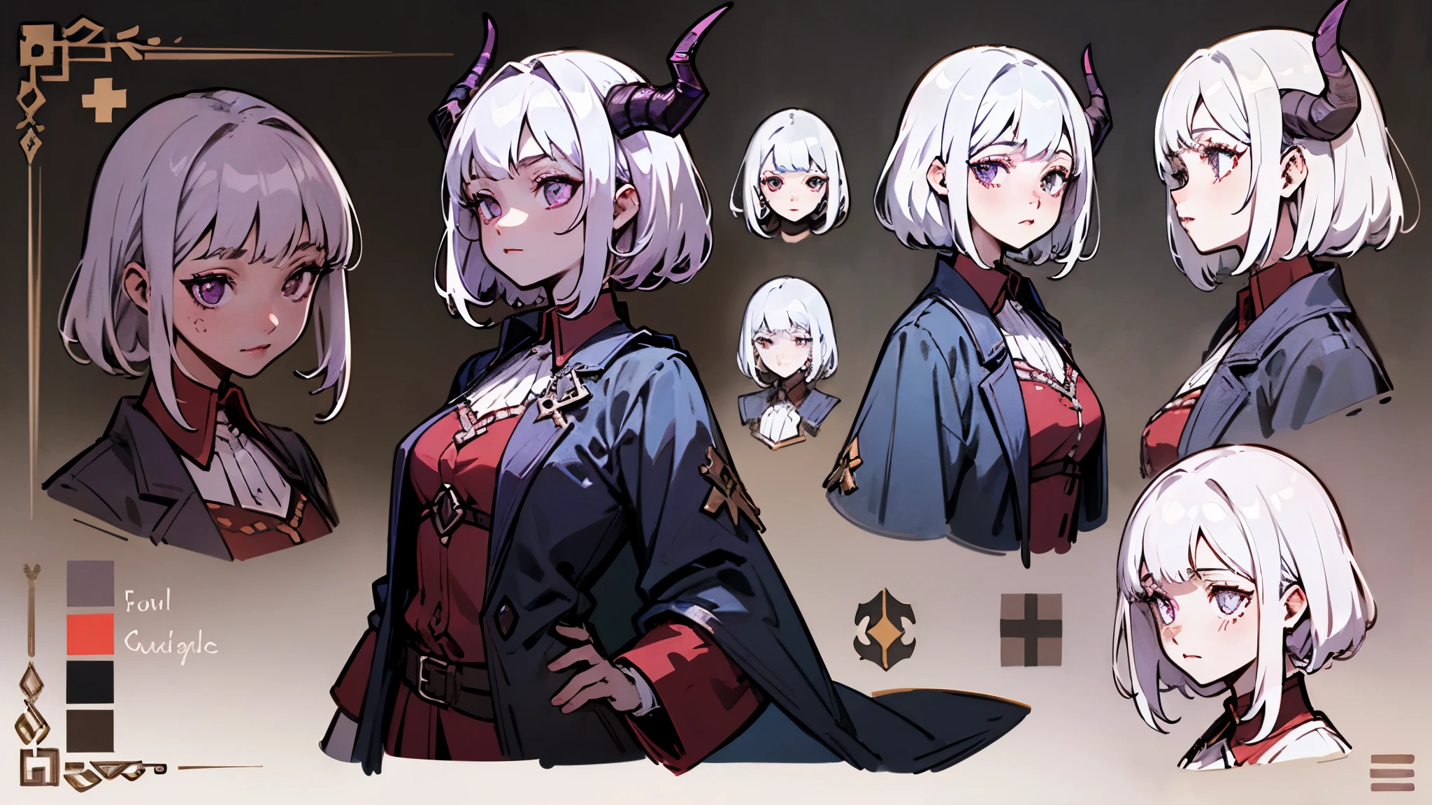 (Masterpiece, best quality), detailed, 1girl, ((character concept art)), ((character design sheet, same character, front, side, back)), many items, (adventurer guild lieder uniform, ex dungeon explorer, royal cloth, many parts), black demon horns, detailed purple eyes, detailed face, different expressions, small B cup , white hair and white skin, detailed hair, formal style haircut, full of details.