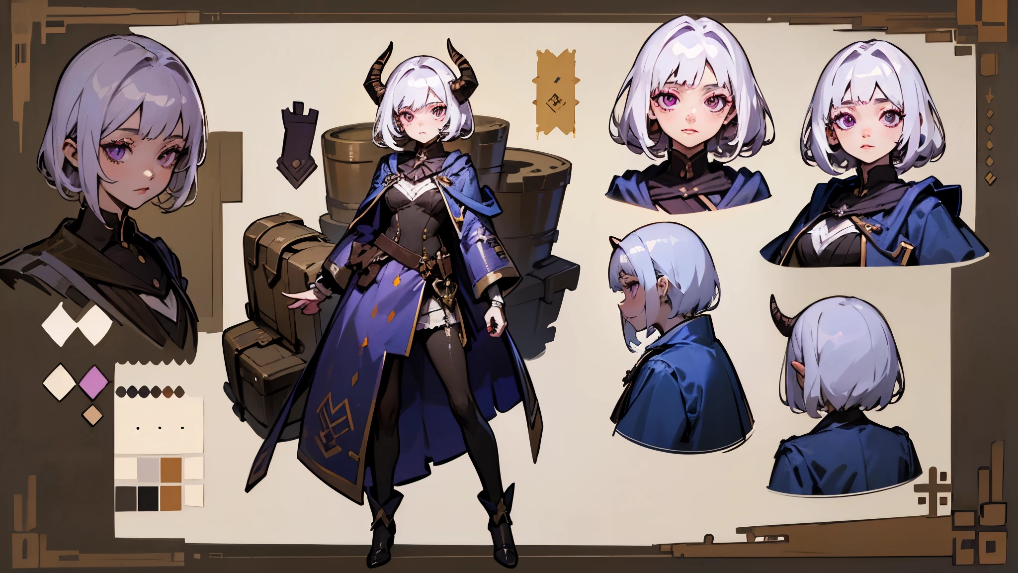 (Masterpiece, best quality), detailed, 1girl, ((character concept art)), ((character design sheet, same character, front, side, back)), many items, (adventurer guild lieder uniform, ex dungeon explorer, royal cloth, many parts), black demon horns, detailed purple eyes, detailed face, different expressions, small B cup , white hair and white skin, detailed hair, formal style haircut, full of details.