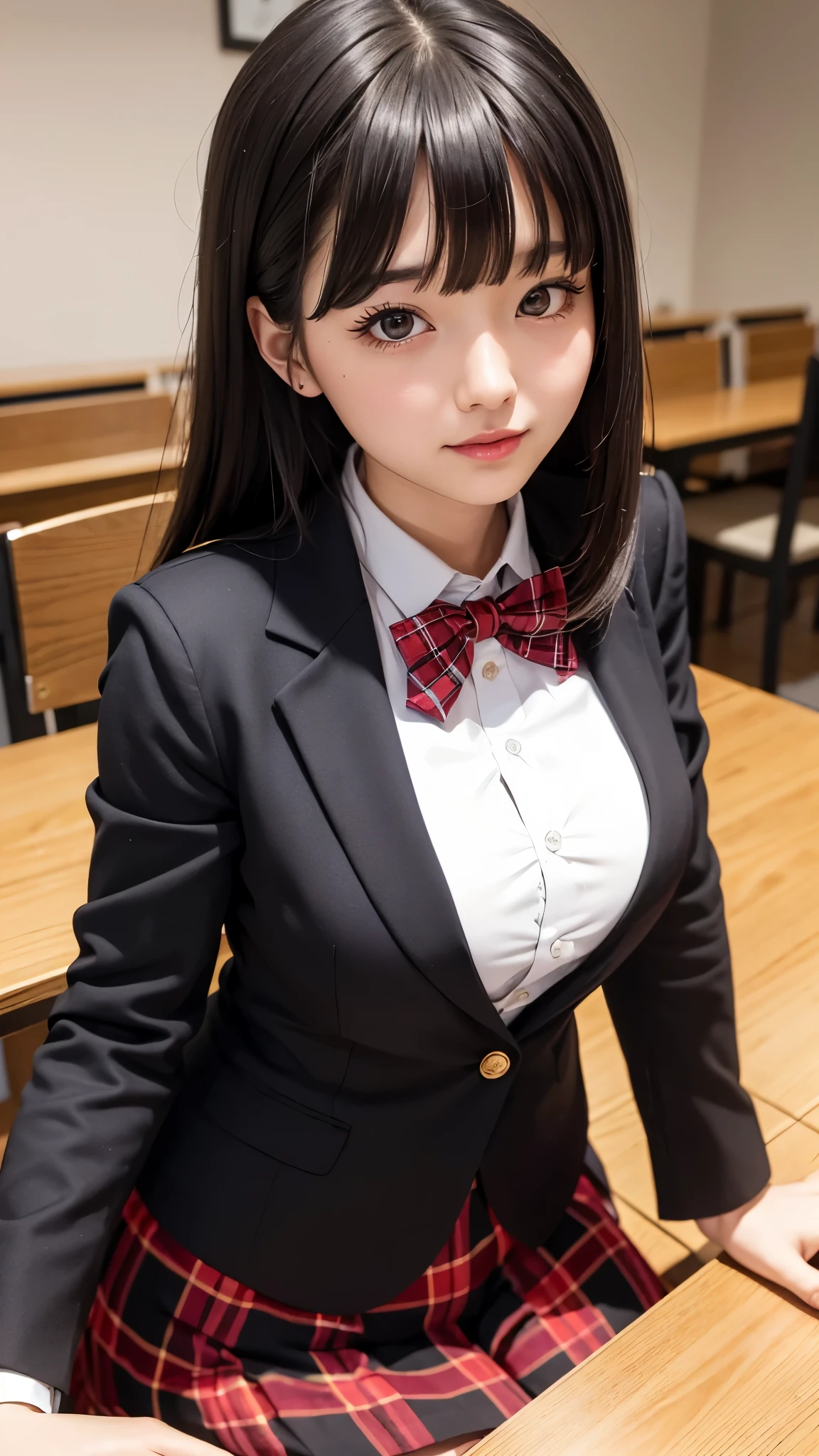 ((high quality)), ((table top)), (detailed face), (highlight), female、Big breasts、blunt bangs、black hair、plaid skirt、blazer red black、