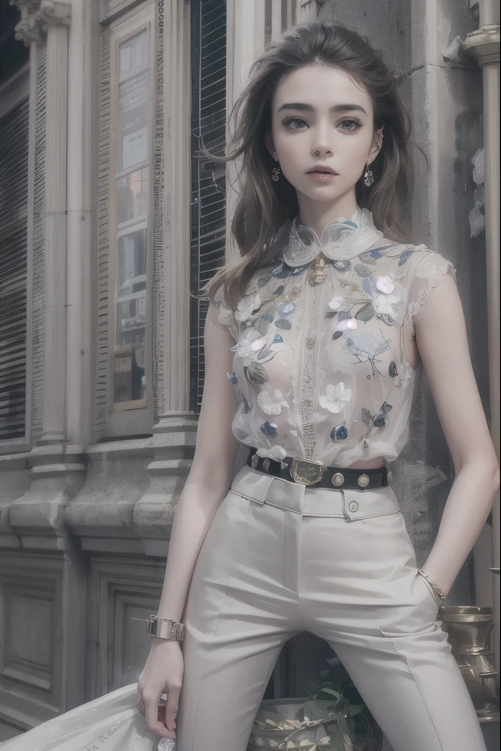 Lily Collins，18 years old，Realistic photo works，fashion show，Professional clothing design，Sexy figure，blouse，Navel exposed，Casual trousers，multiple buttons，zipper，Broken diamonds，Complex workmanship，Novel style，icon，company logo，fashionable outfit，future technology，Parisian fashion，Magnificent building，future