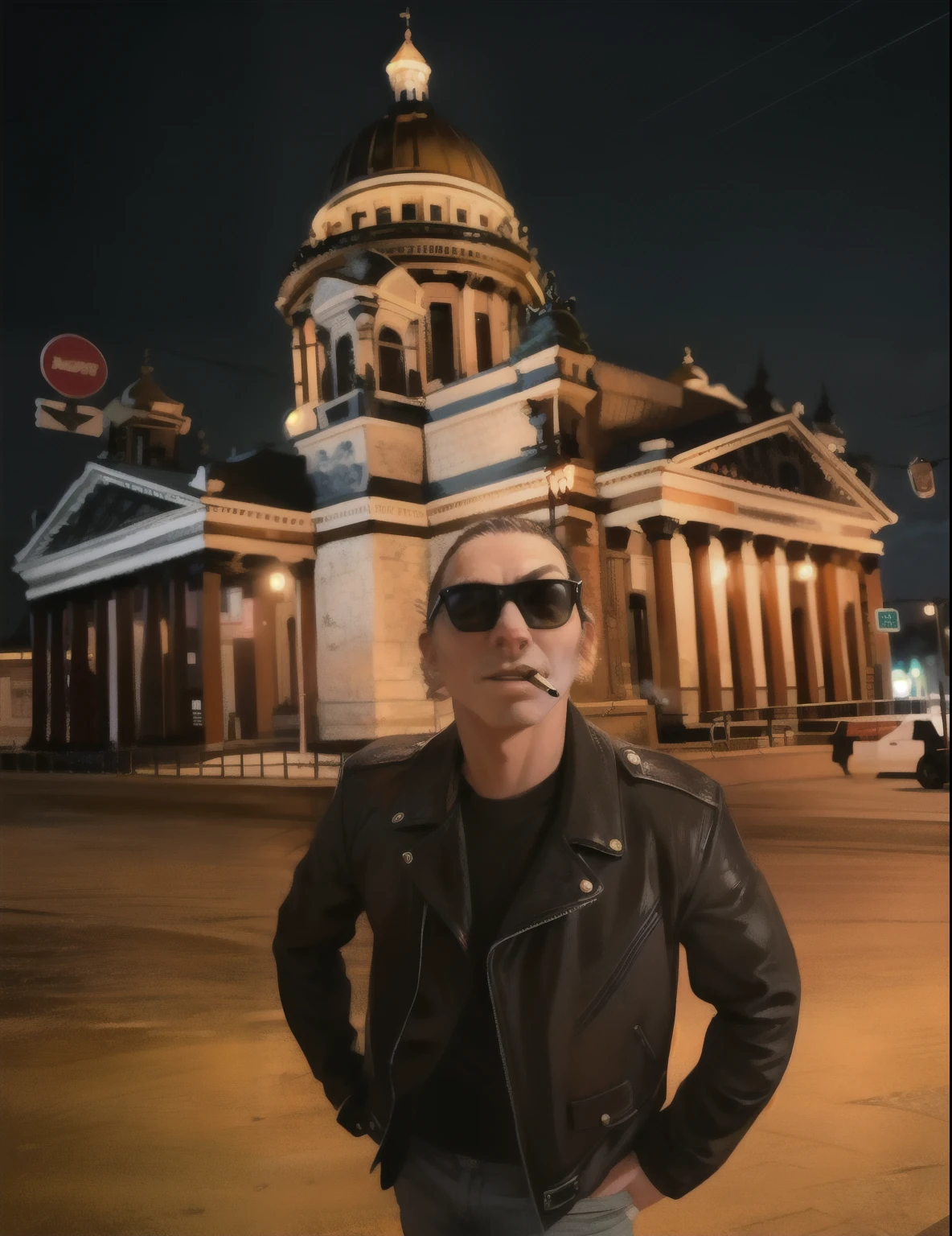 Guy in a black leather jacket, guy in sunglasses looking at the camera, In St. Petersburg, night photo, realism, A cigar in your mouth, clear photo, naturally 