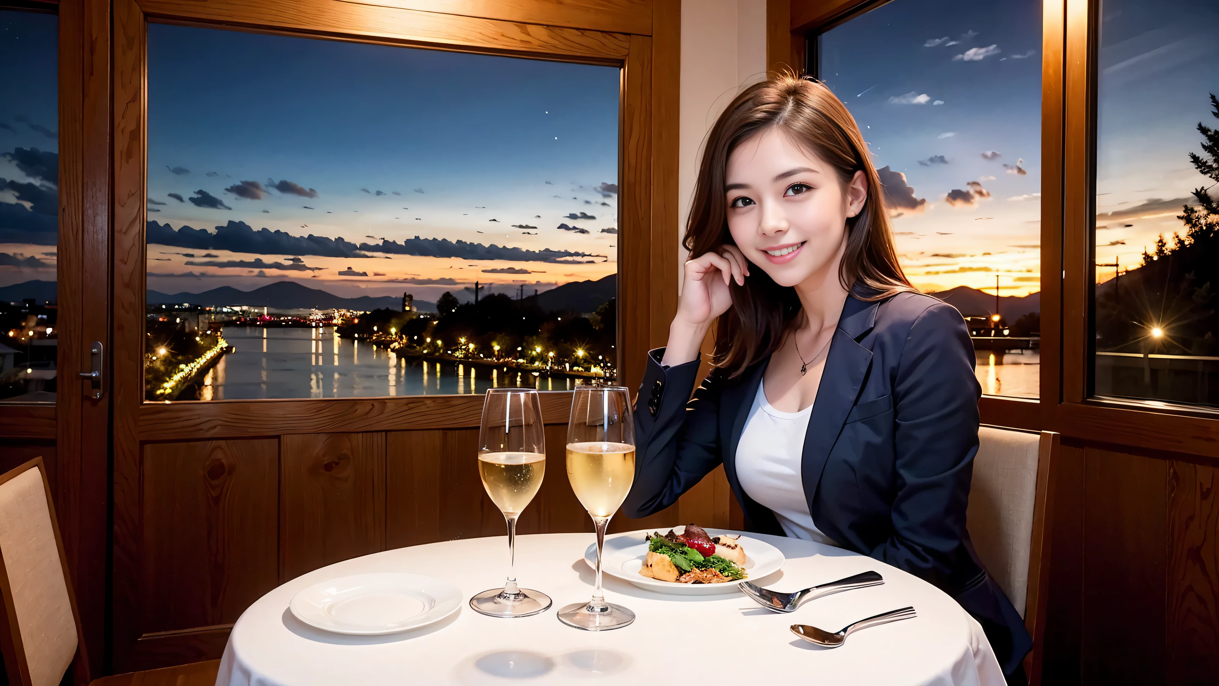 K, UHD, highest quality, masterpiece: 1.2), (realistic, photorealistic: 1.37), Spectacular view of the sunset sky and clouds、Amazing mountain views、A bright smile、3 slim beauties, (slim face),Happy、 the best smile、Fox face、Berry Short、(because I'thin), (brown hair), (shortcut), long sleeve shirt、winter fashion、Japanese、Dutch、German、Portuguese、Belgian、Italian、French,Champagne、SparKling wine、 (gush), (slim body), (brown hair), (shortcut), neat beauty、cheeKs blush a little, (35 years old), 38 years old, alone, A beautiful and detailed night view spreads out outside the window..., restaurant, wine glass is sitting, At night, in a prominent place (from the Upper body) nova frog style, actress, model, Upper body, White wine, slim, wine glass, very beautiful night view, wine glass Put in the Middle, Happy smile, (smile: 1.15),