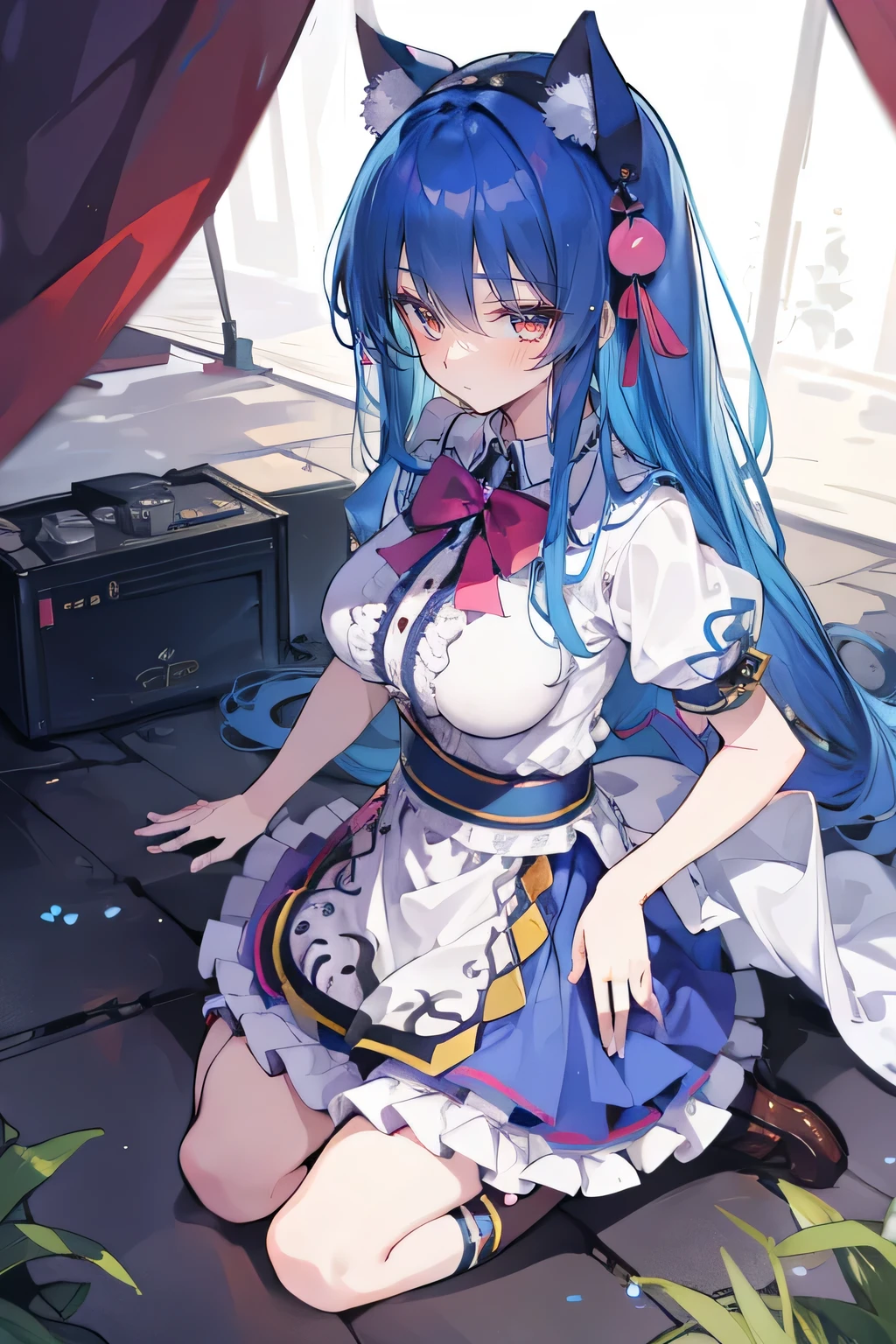 (masterpiece),best quality, expressive eyes, perfect face, 1girl,
big breasts, H cup, Good breasts, Put your hands on your waist,Fair, Gorgeous,japanese manga,girl,Laura,young angel, blue hair, blue haired,tent , tent chest, tent breast, floating clothes,grab your waist, grab your waist, hands on hips , hands on hips,sit, sit on ground, legs on the ground
