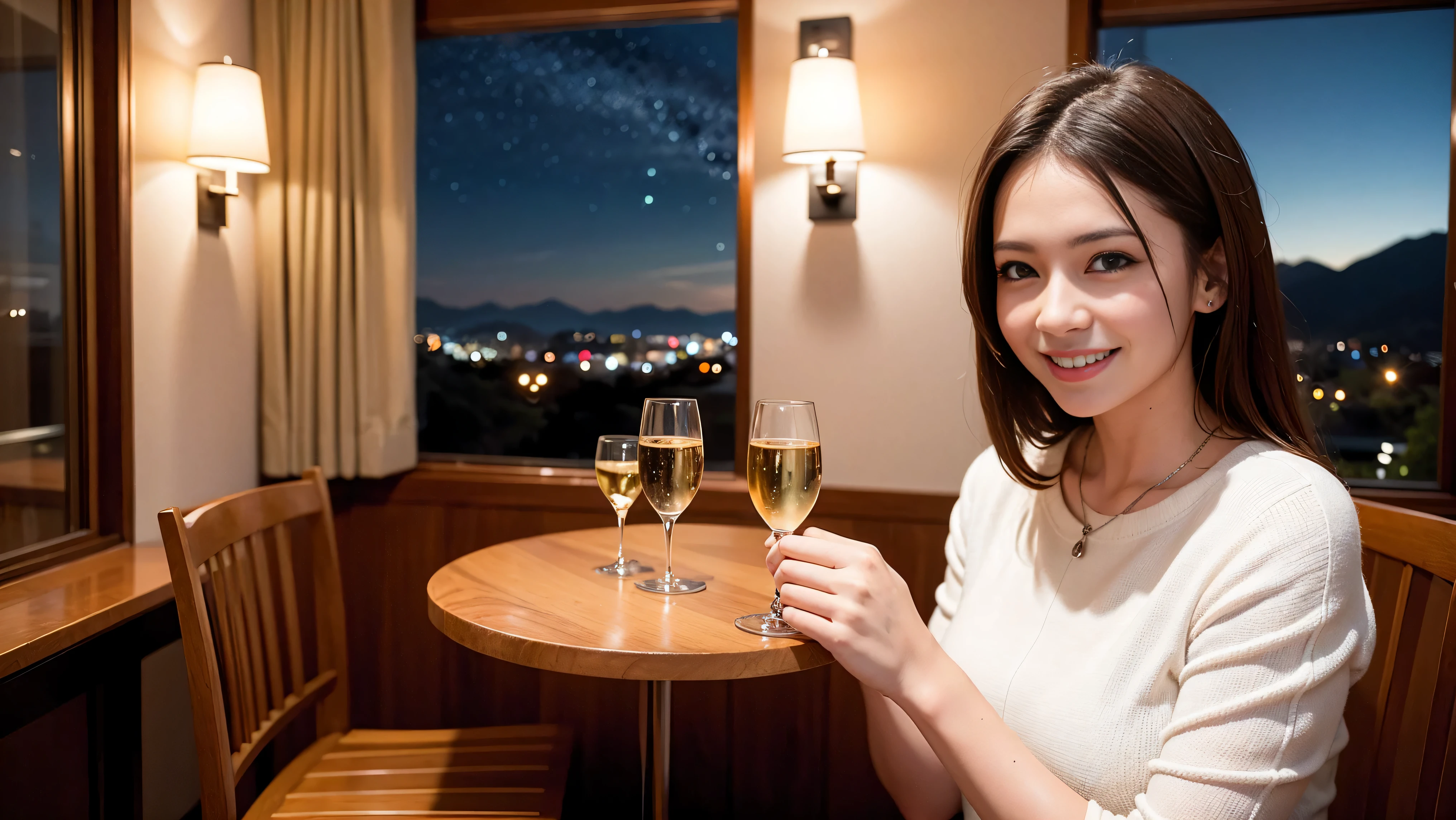 K, UHD, highest quality, masterpiece: 1.2), (realistic, photorealistic: 1.37), Spectacular view of the sunset sky and clouds、Amazing mountain views、A bright smile、3 slim beauties, (slim face),Happy、 the best smile、Fox face、Berry Short、(because I'thin), (brown hair), (shortcut), long sleeve shirt、winter fashion、Japanese、Dutch、German、Portuguese、Belgian、Italian、French,Champagne、SparKling wine、 (gush), (slim body), (brown hair), (shortcut), neat beauty、cheeKs blush a little, (35 years old), 38 years old, alone, A beautiful and detailed night view spreads out outside the window..., restaurant, wine glass is sitting, At night, in a prominent place (from the Upper body) nova frog style, actress, model, Upper body, White wine, slim, wine glass, very beautiful night view, wine glass Put in the Middle, Happy smile, (smile: 1.15),