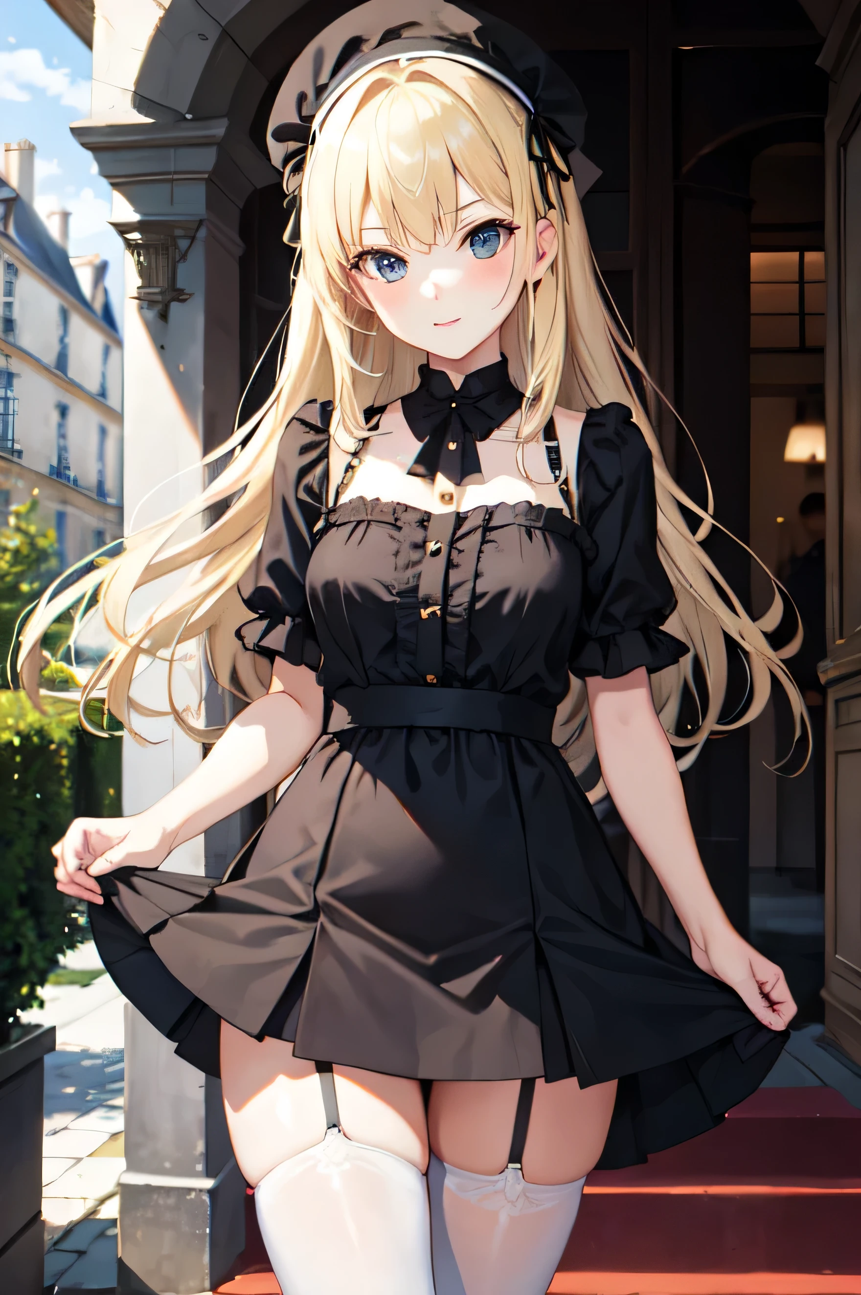 Blonde hair girl with france dress and stockings