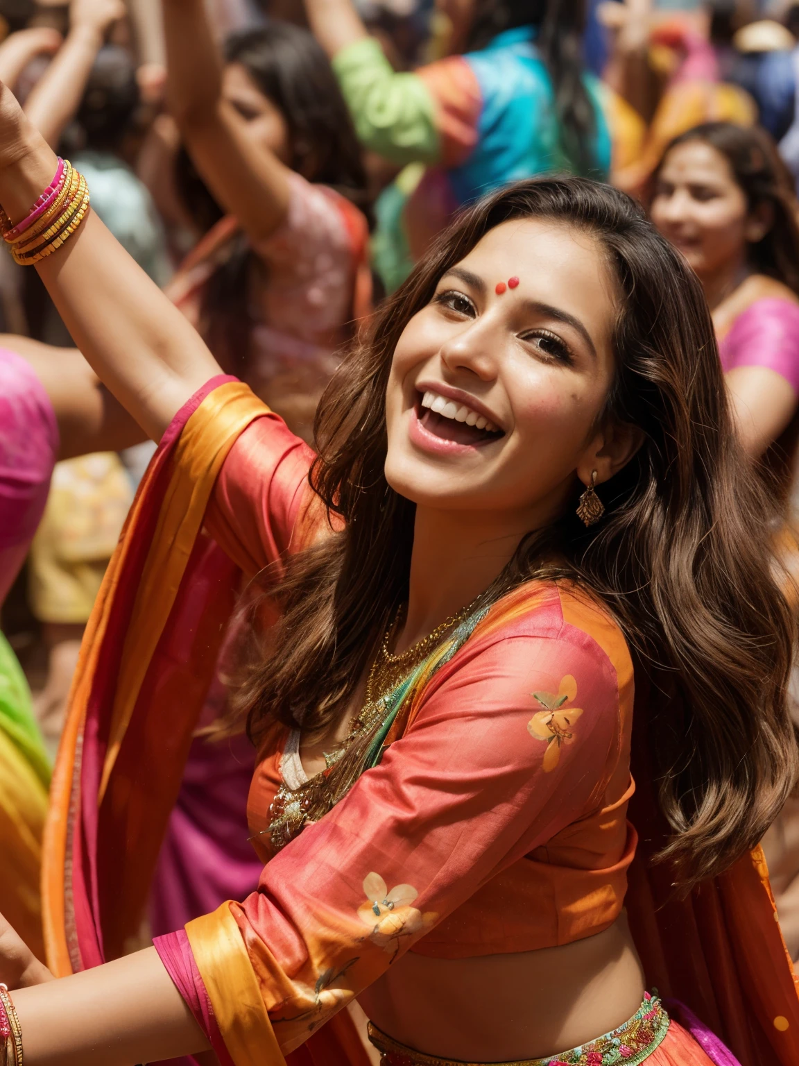 (best picture quality,4k,8k,high-definition,masterpiece:1.2),Ultra-detailed,(lifelike,lifelike,lifelike:1.37)。Indian festivals,indian traditional dress, deep cleavage, paint festival,holi paint:1.37.beautiful Indian girl,Colorful paint on face,Holi festival, brown eyes,exquisite gold jewelry,happy,long wavy brown hairs, hapiness,Contagious smile,Colorful indian saree costumes,colored nails,Holi paint on body,Splashes of colorful paint at events,holi celebration background,Color spray painting,Energetic movement,Dynamic and powerful abstract art,rich colors,propylene,Vivid rainbow hues,hapiness lively atmosphere,bright orange,Pink,Whimsical and dreamy,Spontaneous splashing,bold color contrast。