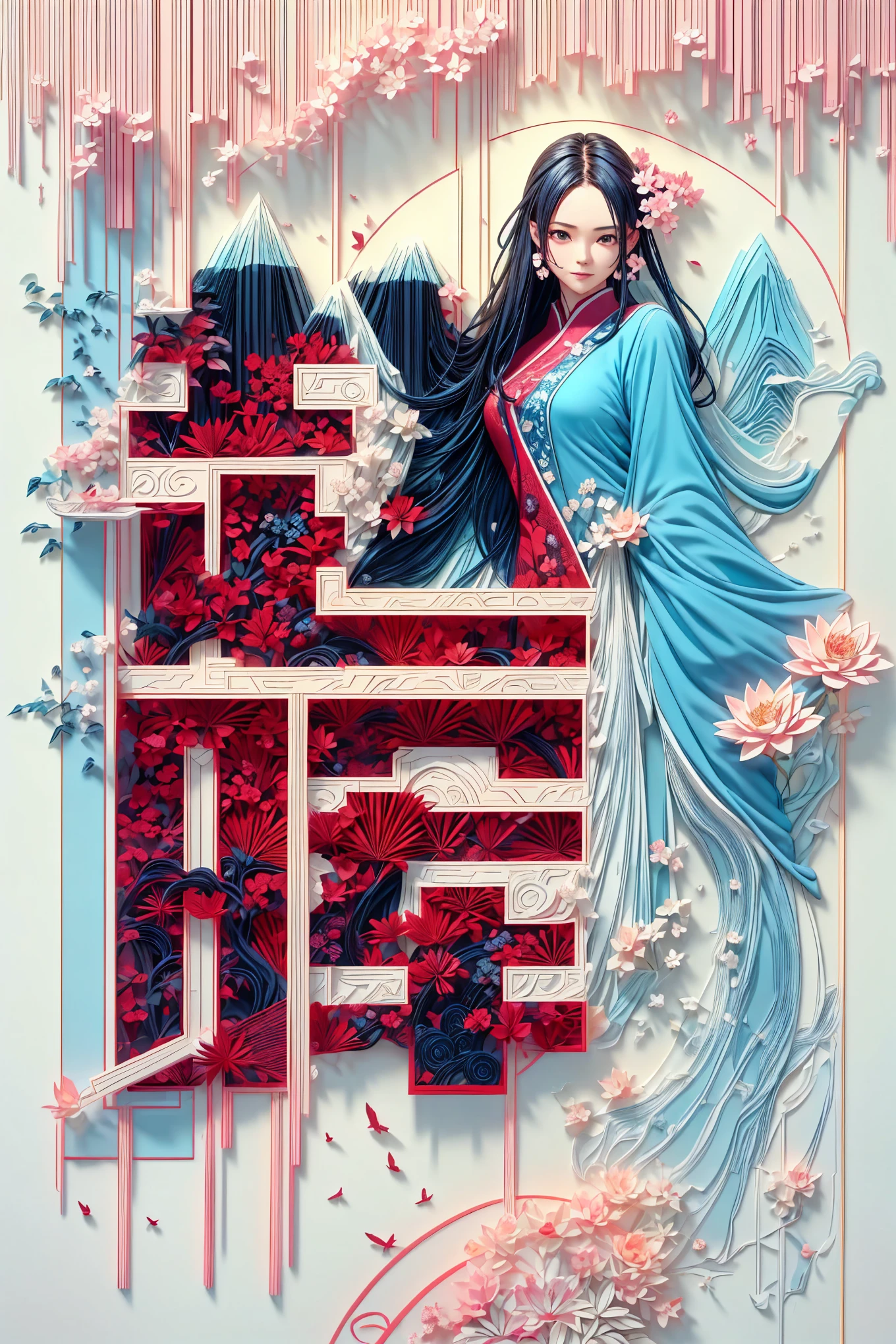 (Digital art)，Mountain, trees, river，flowers，lotus，1 girl, black hair, Smile,Exquisite Cheongsam,Beautiful hair accessories,(Oriental elements, Chinese color, Advanced color matching), (3D sculpture，Render by Octane，Volumetric light，natural soft light，), (Super exquisite:1.2, Loss of focus:1.2, Very colorful, movie lighting, chiaroscuro,Ray tracing), masterpiece, super rich,super detailed,8K