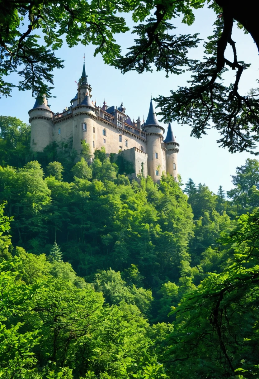 castle in the forest, visible from under the tree