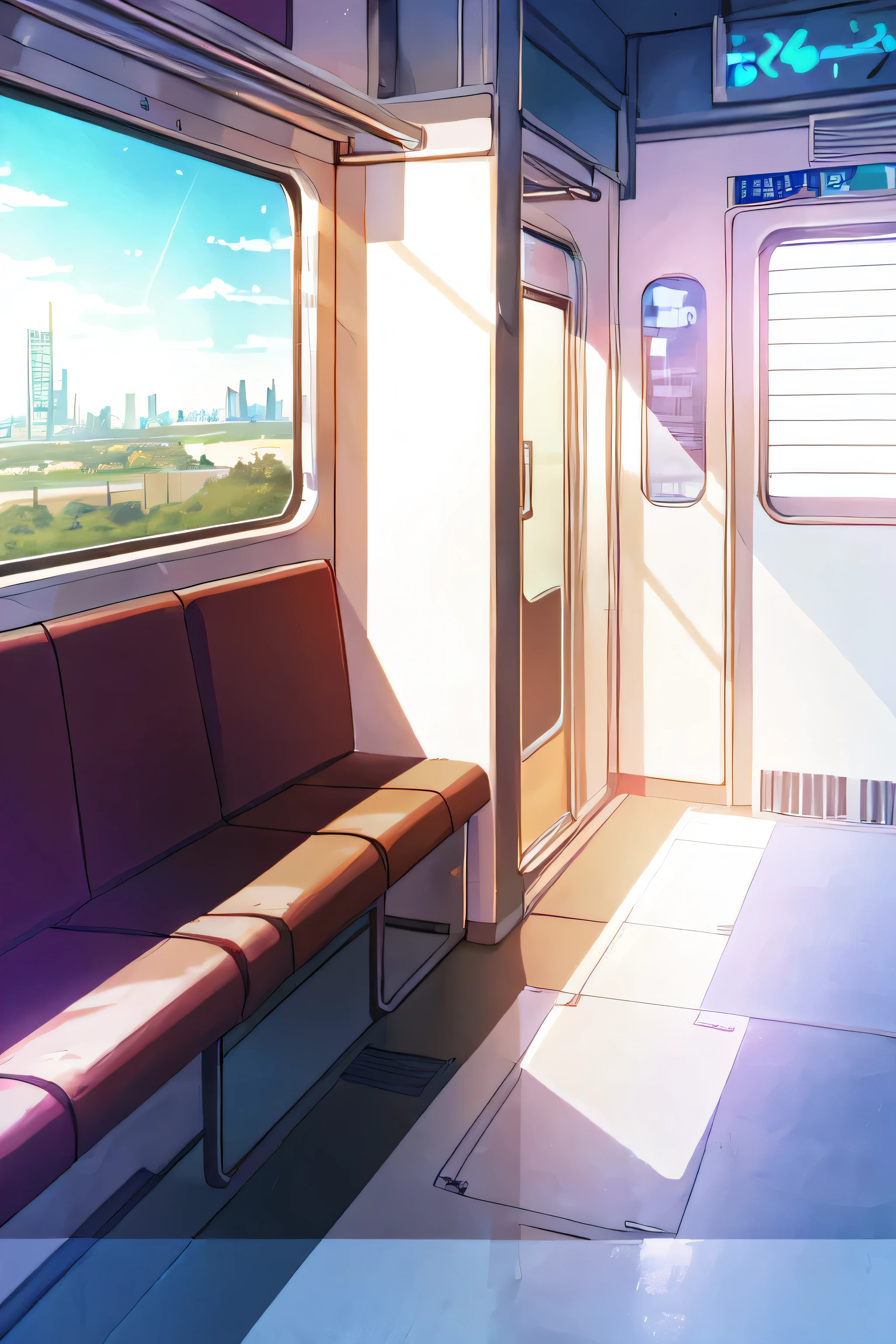 There is a photo of a train with a bench and a window, interior background art, anime background art, anime background, train station background, personal room background, interior background, anime scenery, painted in anime painter studio, anime movie background, anime scenery concept art, anime style cityscape, anime. soft lighting, anime scene, anime landscape, background art