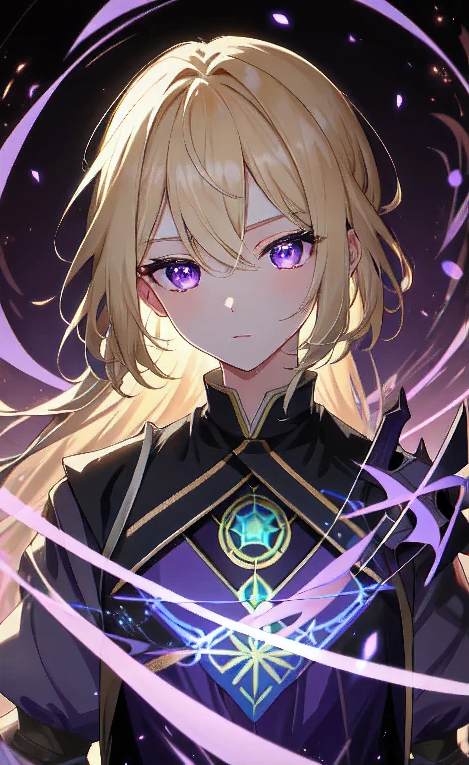 (masterpiece), highest quality, expressive eyes, perfect face, High resolution,half head shot，dual horsetail，1 female,blonde, purple eyes,clothed in evil,Purple aura,Black and purple armor，magic，big cane with purple color,heterochromia，（color：1.5），（color hair:1.5)（master piece） （best quality） （detailed） （8K） （KHD） （wallpaper） （cinematic lighting） （sharp focus） （Complex）flat avatar, absurd, Ultra-fine illustration, super detailed,Diffusion of light,Highly detailed light reflection,harmonious, best shadow, very detailed big smile,field,looking at the viewer,