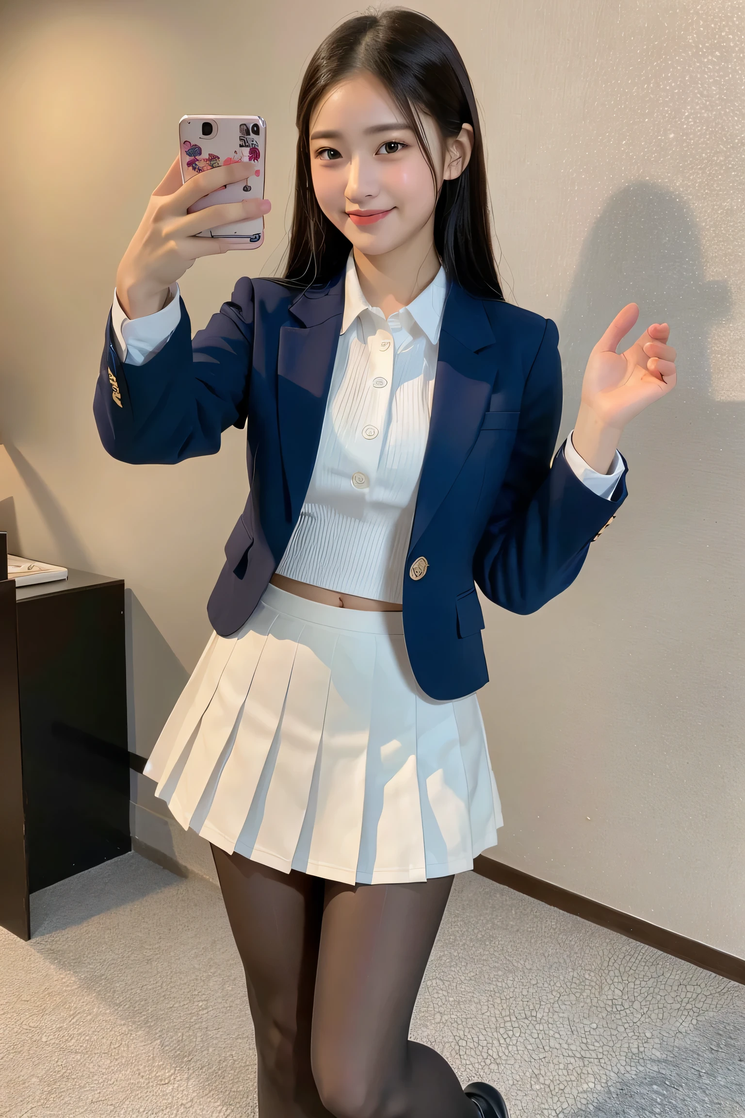 (8k), (highest quality: 1.2), (realistic), (realistic: 1.37), ultra high resolution, 1 girl, cute, smile, closed mouth, beautiful details, beautiful nose, whole body, wet hair, giant dulcefo, pork, thighs,selfie,Navel exposed,College student uniform,simple blazer,pleated skirt,platform boots,Standing,opaque tights,