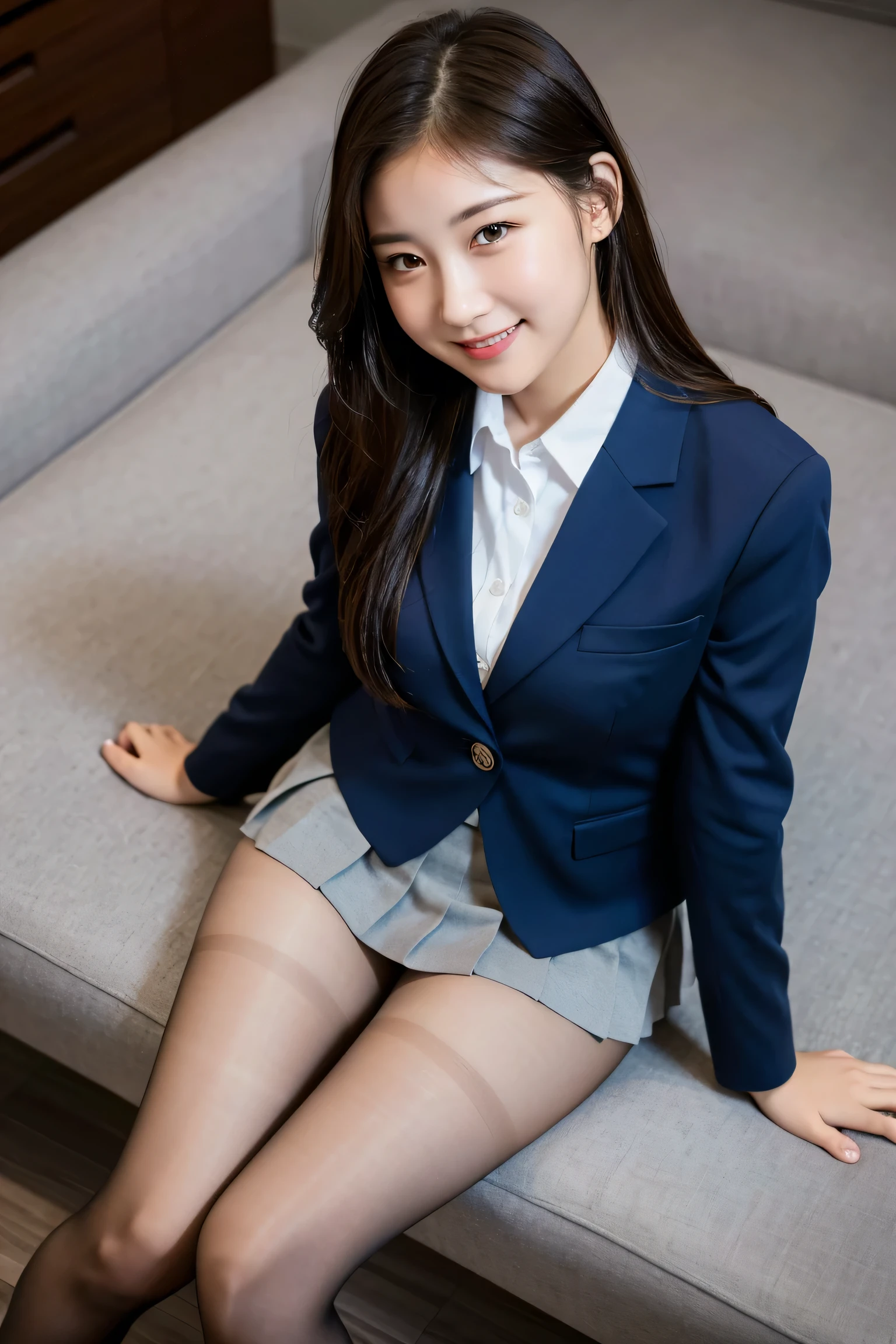 (8K), (highest quality: 1.2), (realistic), (realistic: 1.37), ultra high resolution, 1 girl, cute, smile, closed mouth, beautiful details, beautiful nose, wet hair, giant dulcefo, pork, thighs，Self snap,college uniform,simple blazer,Tartan check pleated skirt,thigh-high socks,bed,spread your legs , From above
