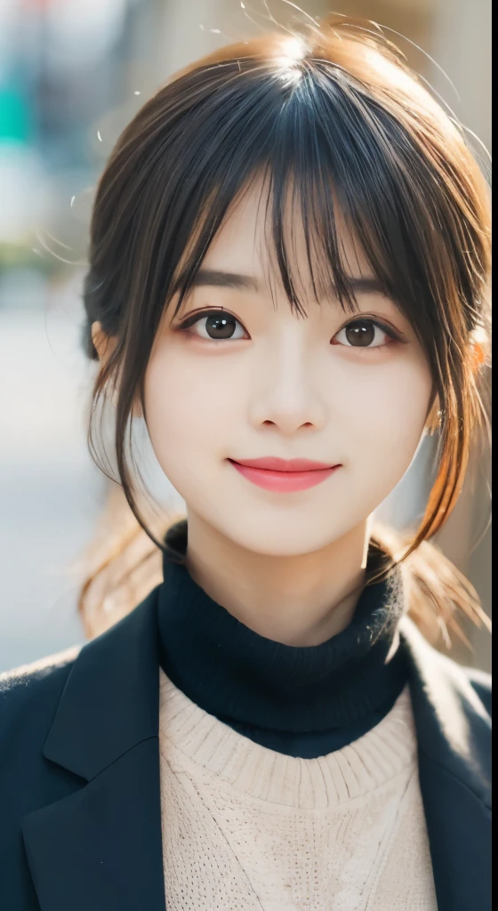 table top, highest quality, 8K, , teen, Raw ph alone, Japanese、idol face, delicate girl, black hair、neat bangs、beautiful hairstyle、Upper body, Digital single-lens reflex camera, Sophisticated、Beige knitwear、black jacket, grin、thin arms, professional lighting, chromatic aberration, (Eye and face details:1.0), (Bokeh:1.1)