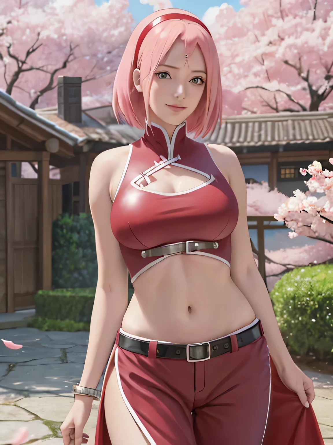 Realistic, Photorealistic,Cowboy shot,Masterpiece, absurdress ,1girl, haruno sakura, forehead mark, red hairband, red sleeveless dress,black panties, bellybutton, groin, A bracelet, looking a viewer, Smile, cherry blossoms, Private garden, the wind, Floating hair, big breastes ,(((wide hips))), Toned body, detailed eyes,dark surroundings