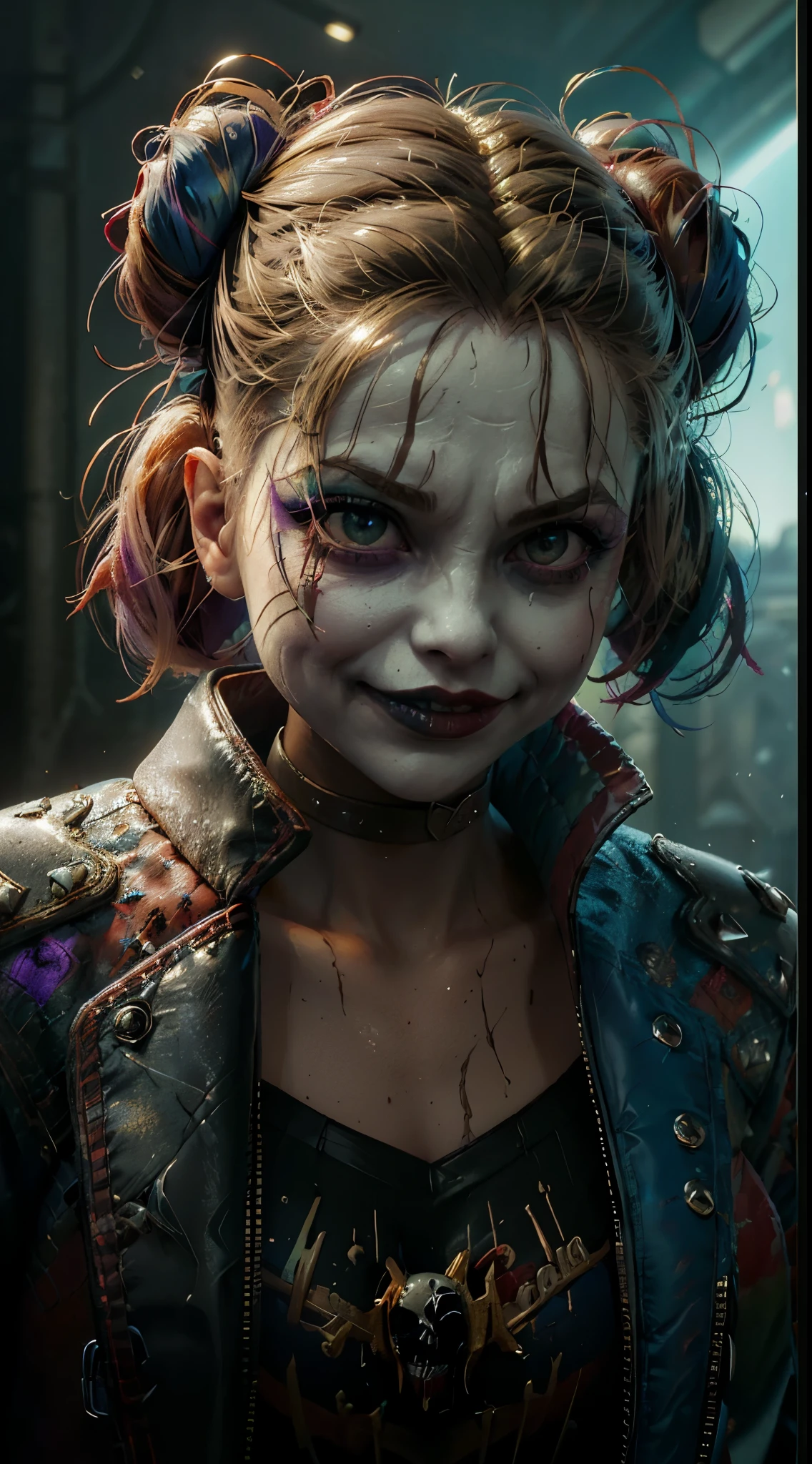 Harley Quinn and a skull face surrounded by skulls, portrait of Joker, grotesque Harley Quinn, portrait of Harley Quinn, Dan Mumford and Peter Mohrbacher, portrait of a Harley Quinn, remarkable Joker makeup, scary detailed art in color, Peter Mohrbacher and Dan Mumford, epic digital art, beautiful digital artwork, Dan Mumford and Alex Grey style, Joker, Harley Quinn, digital illustration, (best quality, 4k, highres, masterpiece:1.2), ultra-detailed, (realistic:1.37), HDR, studio lighting, physically-based rendering, extreme detail description, professional, vivid colors, bokeh, portraits, horror, concept artists, gothic, vibrant, intense lighting, contrasting colors.