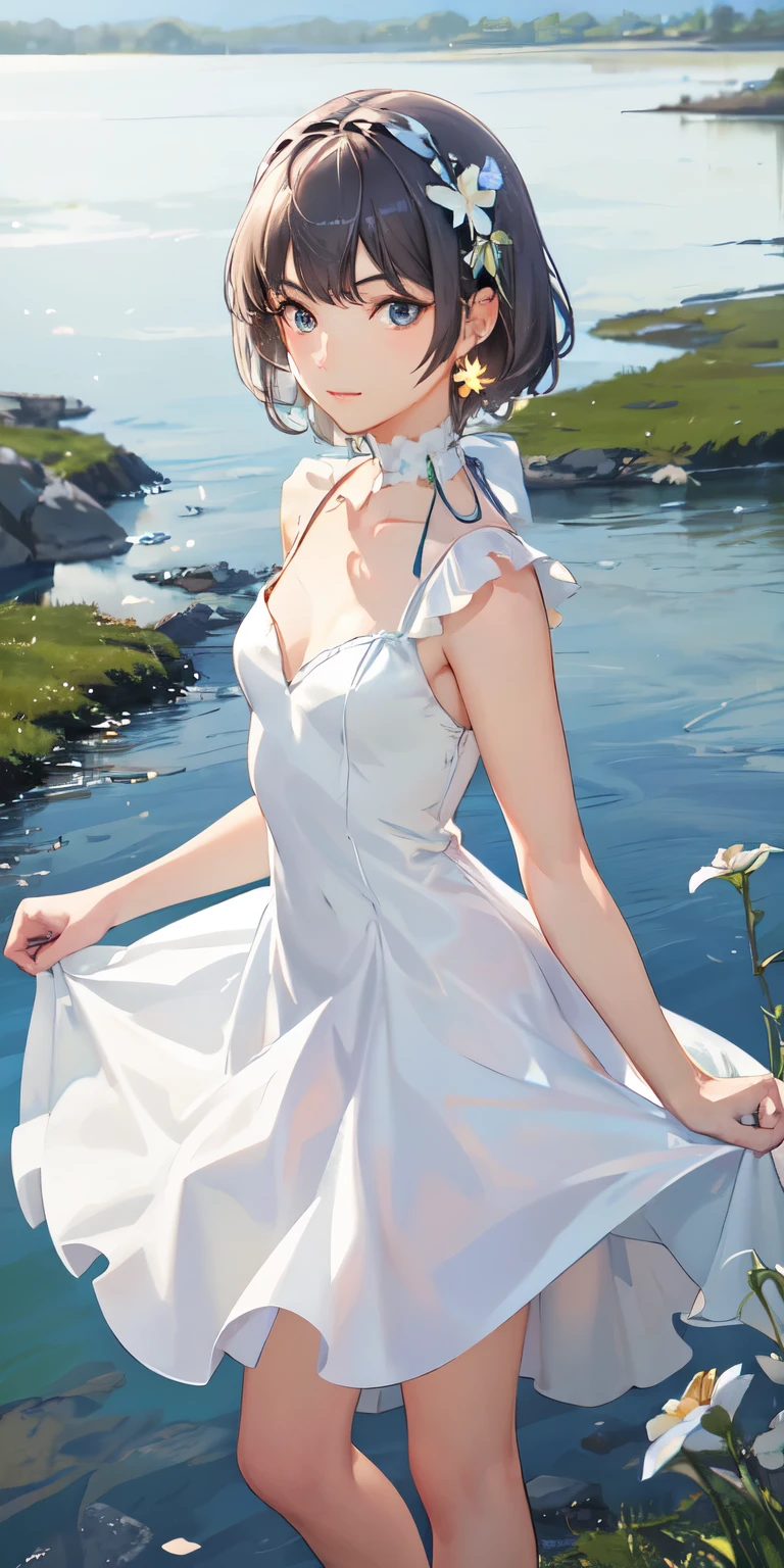 highest quality, high quality texture, fine-grained, realistic facial expression, fine skin, anime, girl, kind eyes, sexy, mix, model, figure, portrait, get your knees up, Hmm, semi-realistic, Princess, dress, white dress, Fair skin, flower of the wind, grassland, water lake, sun, light, (small breasts), gray hair