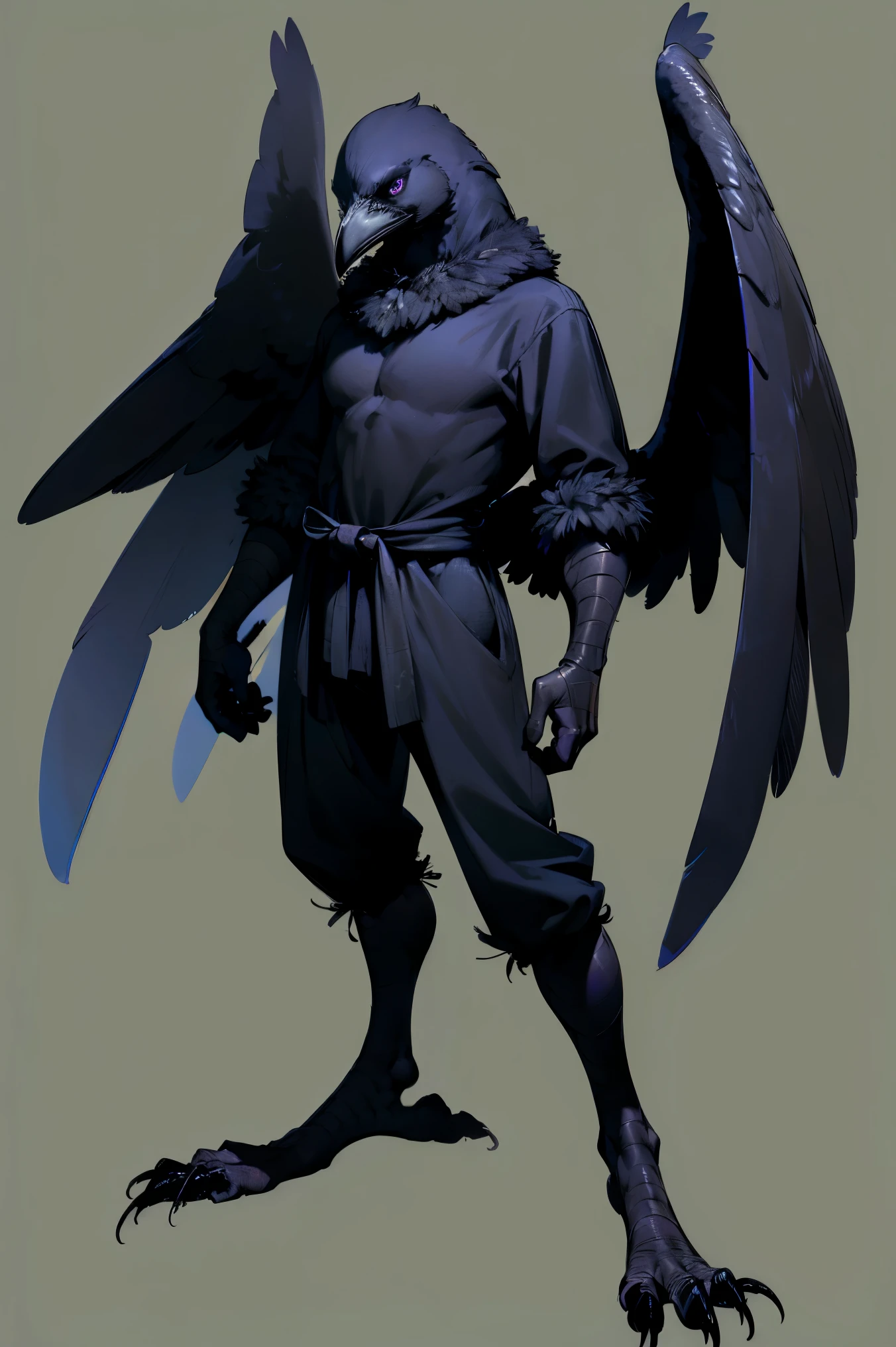 Masterpiece, best quality, very detailed, 1 monster, (male), scary, solo, ((full body, whole body present)), big body, muscular build, (big wings, no hands, wings in plase of arms), crow head, extremely detailed face, (big crow beak, crow face), extremely detailed eyes, (purple eyes), wereraven, werewolf posture, no clothes, covered with feathers, (whole body covered with feathers, feathers on body, black feathers), no background