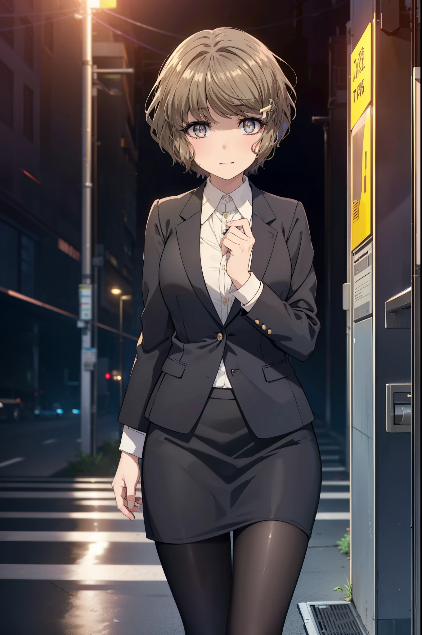 tomoekoga, Chie Koga, short hair, brown hair, blue eyes, hair clip,big breasts ,happy smile, smile, open your mouth,OL, yellow long coat The front desk is empty,end, black suit jacket, collared jacket, white dress shirt, collared shirt, neckline, button, strap, ID card on the neck, black pencil skirt, black pantyhose, stiletto heels,sunset,evening,
break outdoors, city,building street,
break looking at viewer, (cowboy shot:1.5),
break (masterpiece:1.2), highest quality, High resolution, unity 8k wallpaper, (shape:0.8), (fine and beautiful eyes:1.6), highly detailed face, perfect lighting, Very detailed CG, (perfect hands, perfect anatomy),
