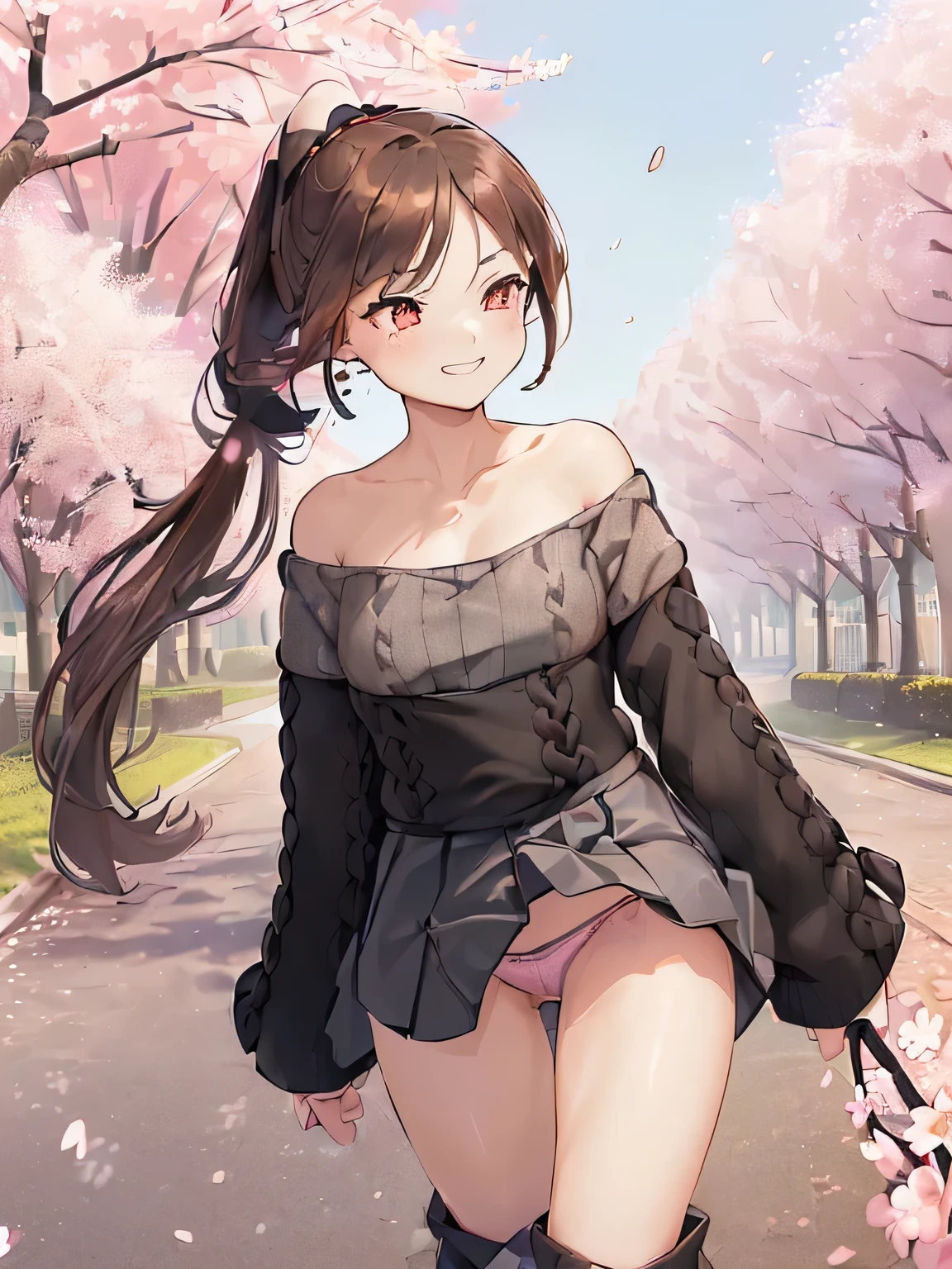 (Masterpiece, top quality, high resolution, realistic photo, realistic looking skin:1.1),
(Woman walking in park lined with cherry blossom trees:1.2),
(Skirt billowing in the wind: 1.8),
(Fully exposed panties:1.8),
(grinning shyly:1.5),(grinning expression:1.5),
((She is wearing a black off-the-shoulder long-sleeved knit: 1.8), ((She is wearing a black off-the-shoulder long-sleeved knit: 1.8)),
(She is wearing a gray flare-type mini-skirt:1.8),
(She is wearing black middle boots: 1.8),
(I do not wear knee-high stockings because it is too hot. 1.8),
(I do not wear knee-high socks because it is too hot. 1.8),
(Her panties are of a flashy color and pattern:1.5),
(Brown hair in a middle ponytail:1.5),
(Small face:1.5),
(D-cup breasts:1.5),
(Location: a park lined with cherry blossom trees where the wind blows: 1.5),
1 Japanese girl, solo, full-bodied esbian, beautiful eyes, glowing eyes, glowing thighs, NSFW