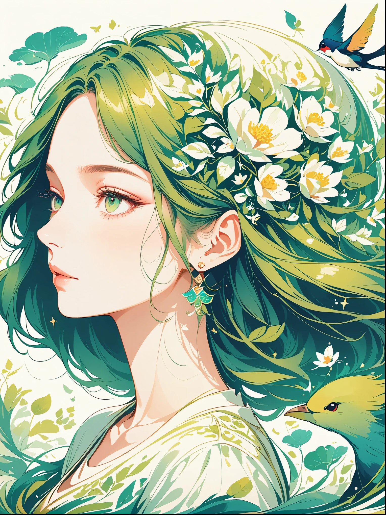 Vector flat illustration art,Digital illustration Art, ( girl with house drawn whimsically in her hair, trees, root, swallow decoration), (side headshot), Background of Green trees and Hills, side by side, Evoke the charm of charming rural landscapes. The background blends in with the little#39;s hair,Exudes tranquility, creative composition,Capture the beauty of nature, White background, Chinese calligraphy woo brush line, Vivid Ferdinand Dupuygokdo Nizovtsev, retro tone, sparkling, luminescent, Reflection, best number, 8K, HD, High resolution. double contact,illustration,Beautiful Digital illustration,.