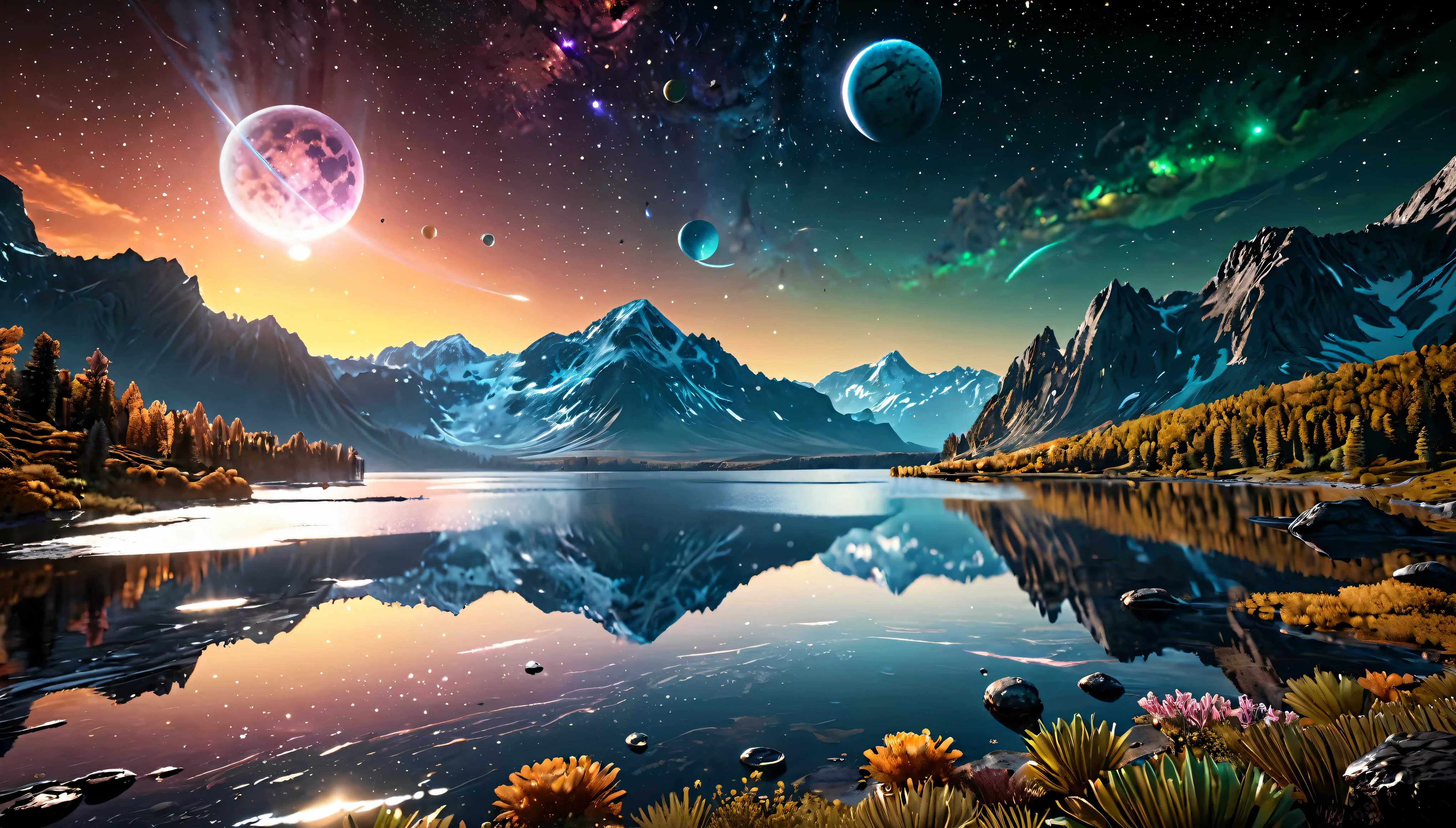 ((Masterpiece in maximum 16K resolution):1.6),((soft_color_photograpy:)1.5), ((Ultra-Detailed):1.4),((Movie-like still images and dynamic angles):1.3), ((Ultra wide angle):1.5),((fisheye lens photo):1.3). | (Cinematic photo of Alien Planet Landscape), (Nearby Moons with visible lakes), (magical vegetations), ((tyndall effect):1.1), ((exotic night sky):1.2), ((sense of discovery):1.1), (shimmer), (visual experience), (Realism), (Realistic), award-winning graphics, dark shot, film grain, extremely detailed, Digital Art, rtx, Unreal Engine, scene concept anti glare effect, All captured with sharp focus.
Rendered in ultra-high definition with UHD and retina quality, this masterpiece ensures super detail. With a focus on high quality and accuracy, this award-winning portrayal captures every nuance in stunning 16k resolution, immersing viewers in its lifelike depiction.
((perfect_composition, perfect_design, perfect_layout, perfect_detail, ultra_detailed)), ((enhance_all, fix_everything)), More Detail, Enhance.