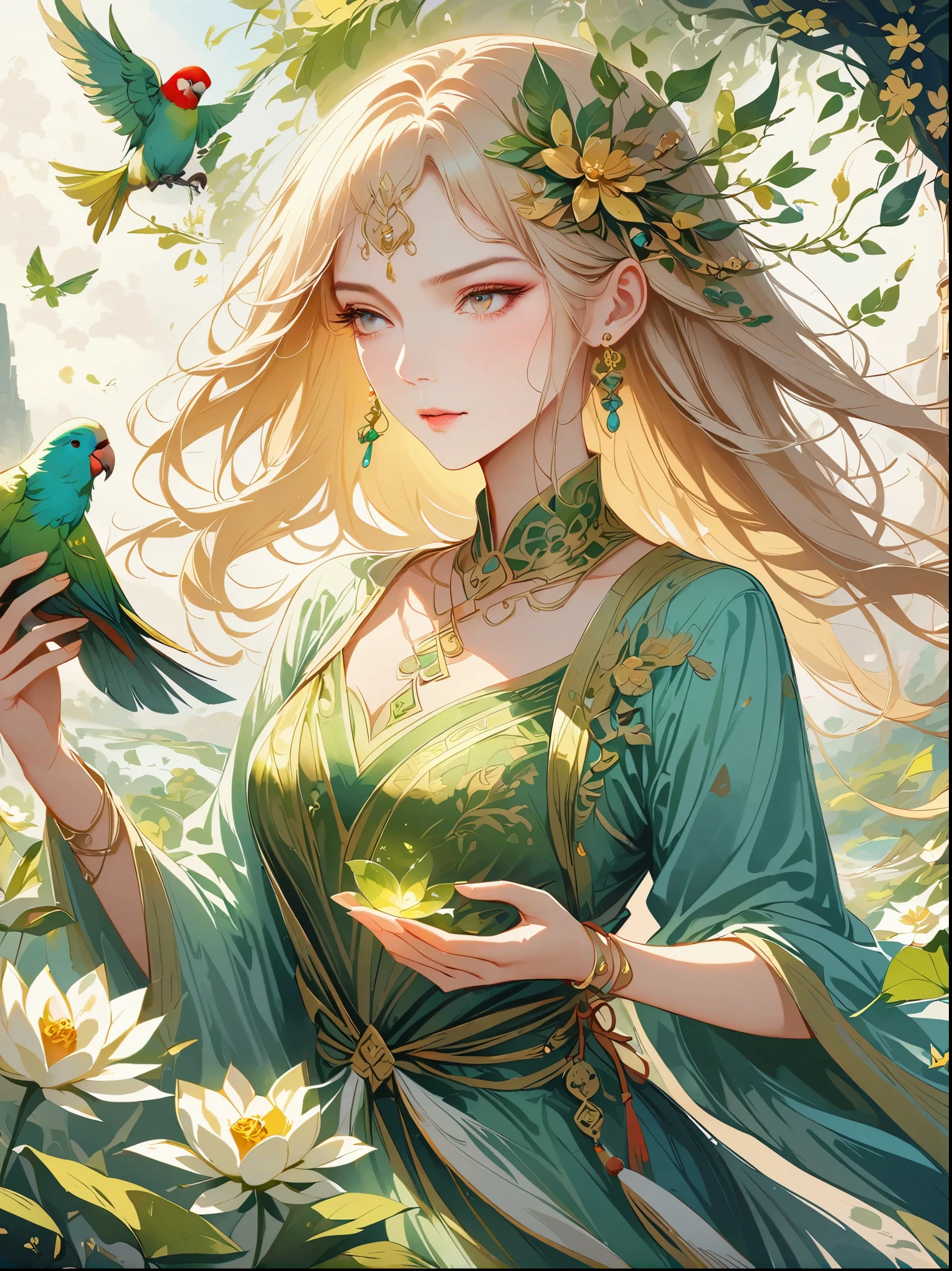 ((highest quality)),(Ultra-high resolution),(Very detailed),(Detailed Description),((The best CG)),(A masterpiece),Ultra-detailed art,Amazing drawing art,(Fantasy art with intricate detail:1.5), (A woman in a detailed dress:1.3), yellow, black, green, red, prism, Wave,