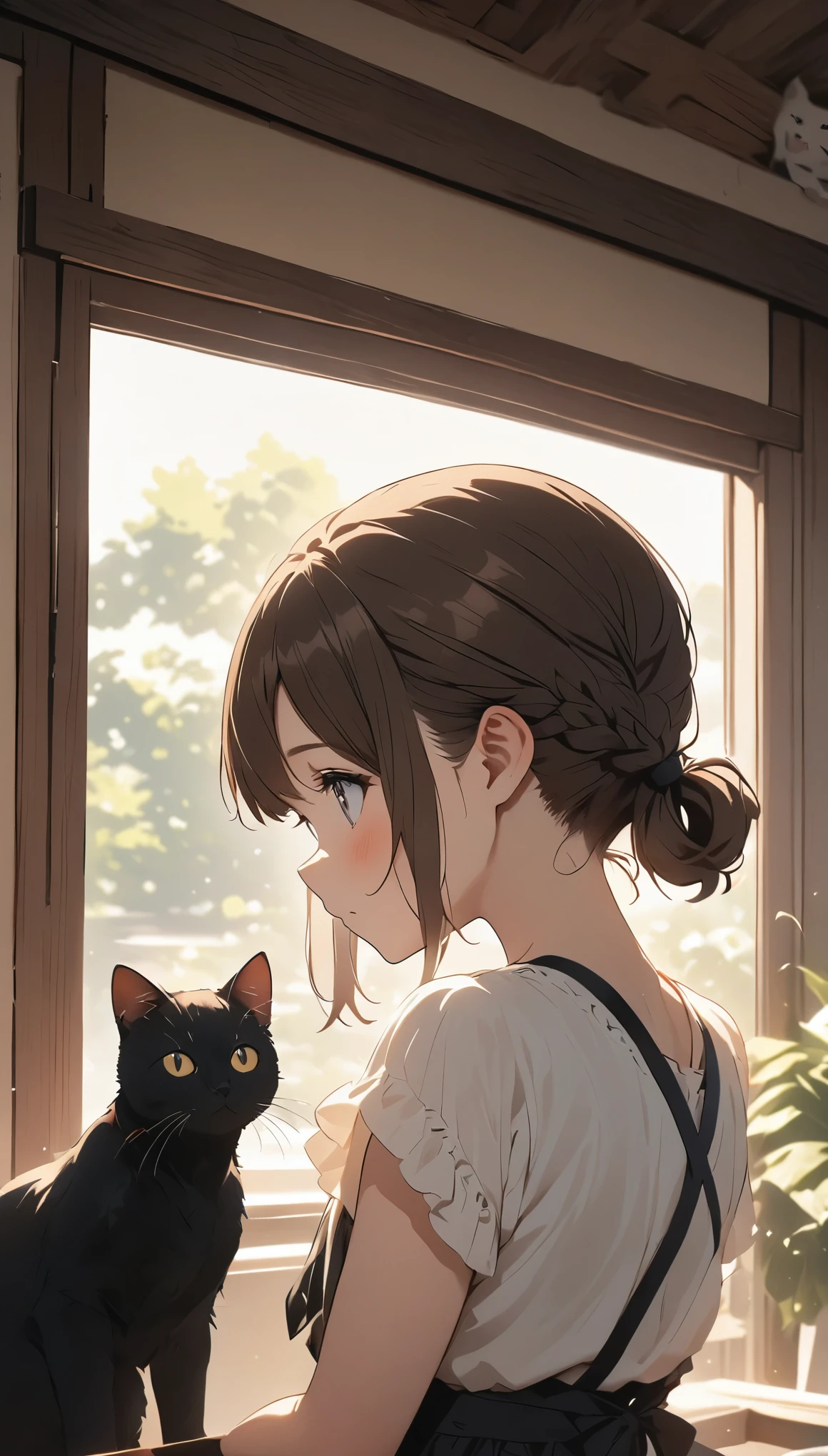 highest quality、Black catを抱く***、cute 14 year old girl、Bun hair with brown hair tied、Black cat、natural look、long shot、Natural light