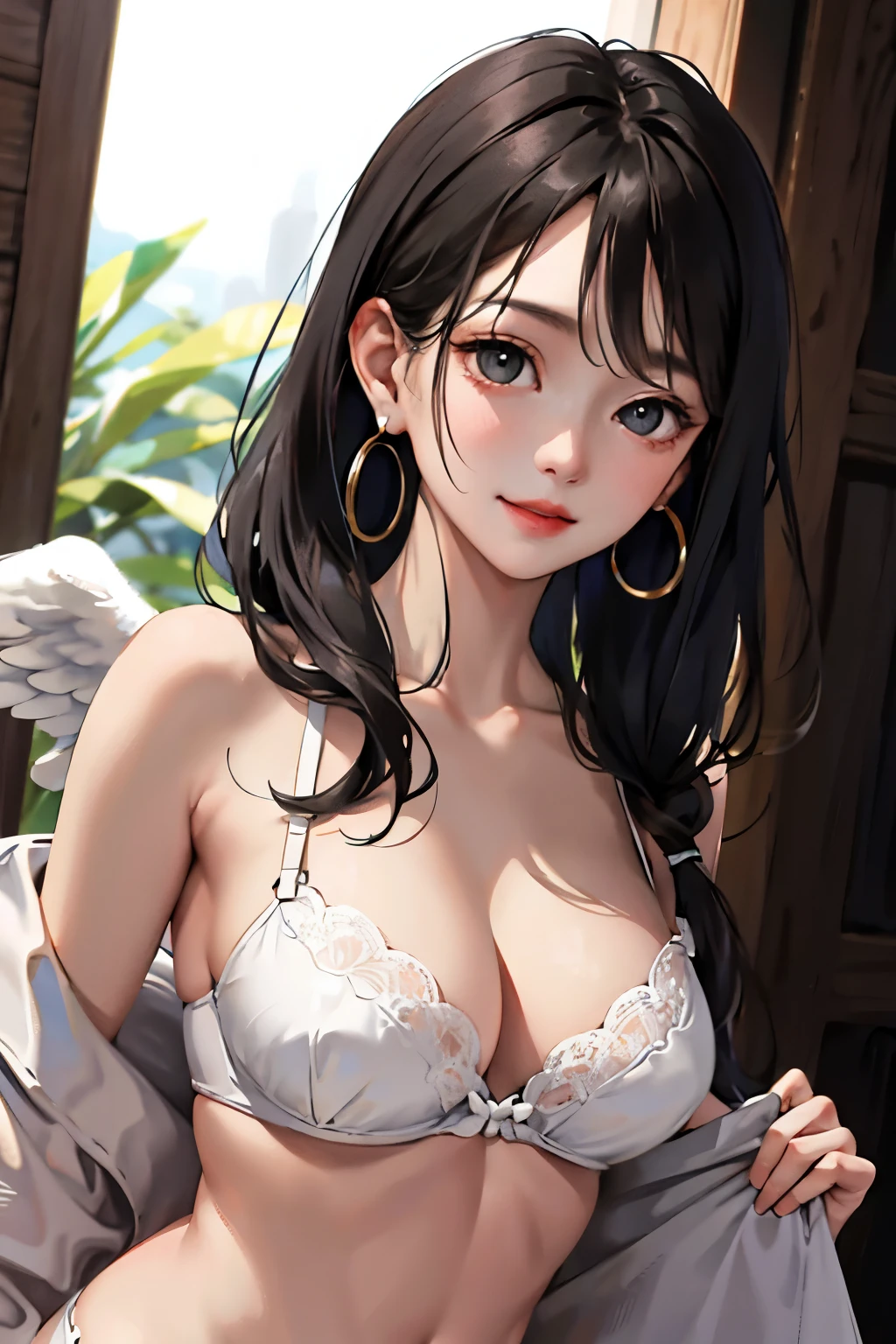 (masterpiece:1.2, highest quality), (real picture, intricate details), alone, 19 years old、Home, close up of face, shirt, (front pin), big round earrings, look at me, bangs、black hair、long hair、see-through underwear、show off your cleavage、nipples are visible、perfect proportions、smile like a goddess、Cute like an angel、facing forward、Two-dimensional beautiful girl