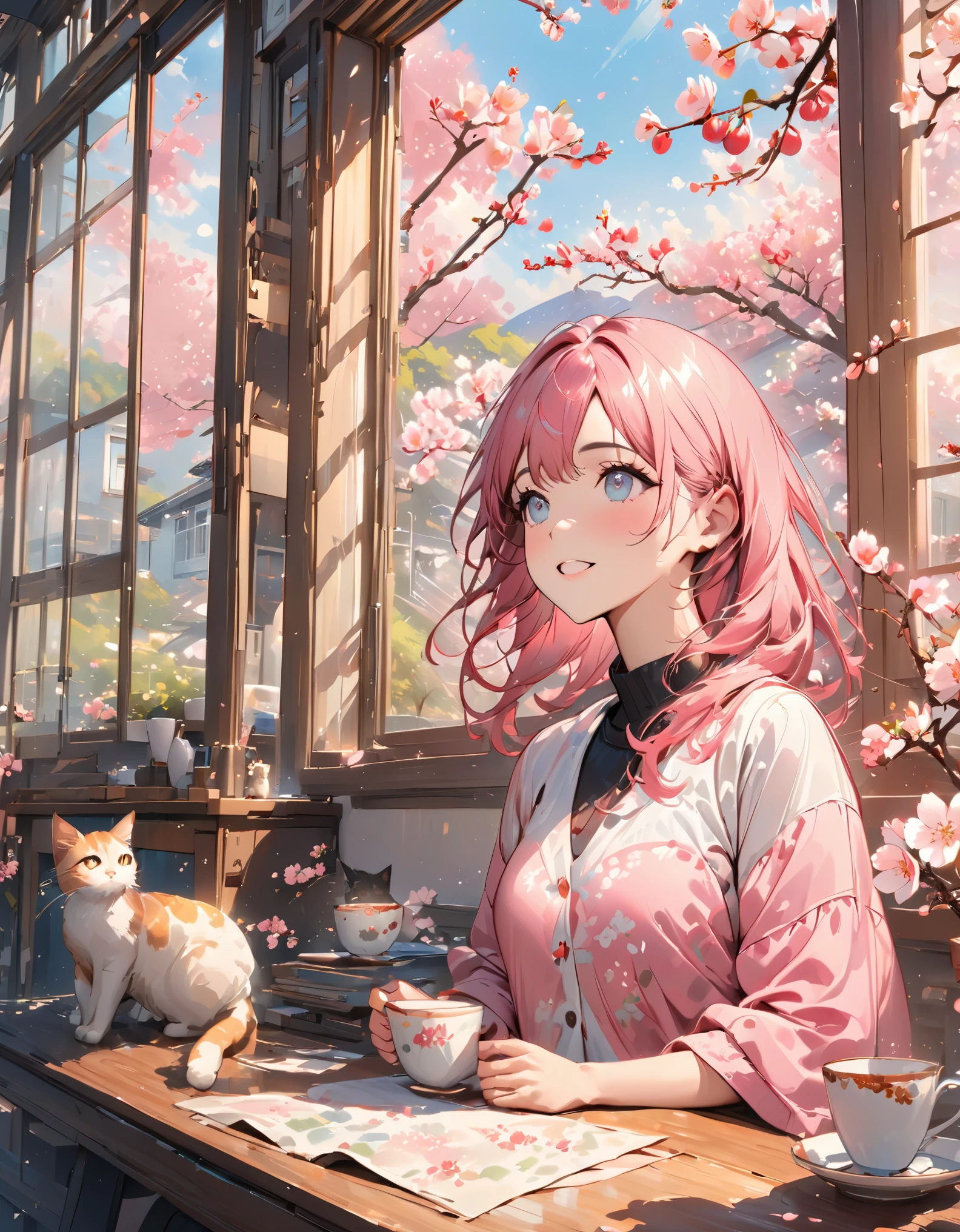 (masterpiece, best quality:1.2), Illustrative style,woman at desk,a cat, indoor setting, window view, Spring, green, A cherry blossom tree full of pink cherry blossoms, petals, pink themes, sunlight, Looking up , looking out the window, home atmosphere, creative space, tea cup,modern style, warmth, tranquility, artistic