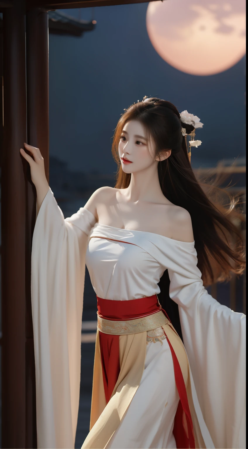 masterpiece,real photos，(solo) Real light and shadow，Backlight，Contour light，Shallow depth of field。night time,Chinese beauty with long straight reddish brown hair,looking into camera, Wearing gorgeous off-shoulder Hanfu,The moonlight shines on the skin of her face,She dances her sleeves gracefully,As if dancing in the wind,The picture has a sense of rhythm,The skirt flutters,Exuding the elegance and magnificence of classical dance，Style with Dunhuang Flying Dance