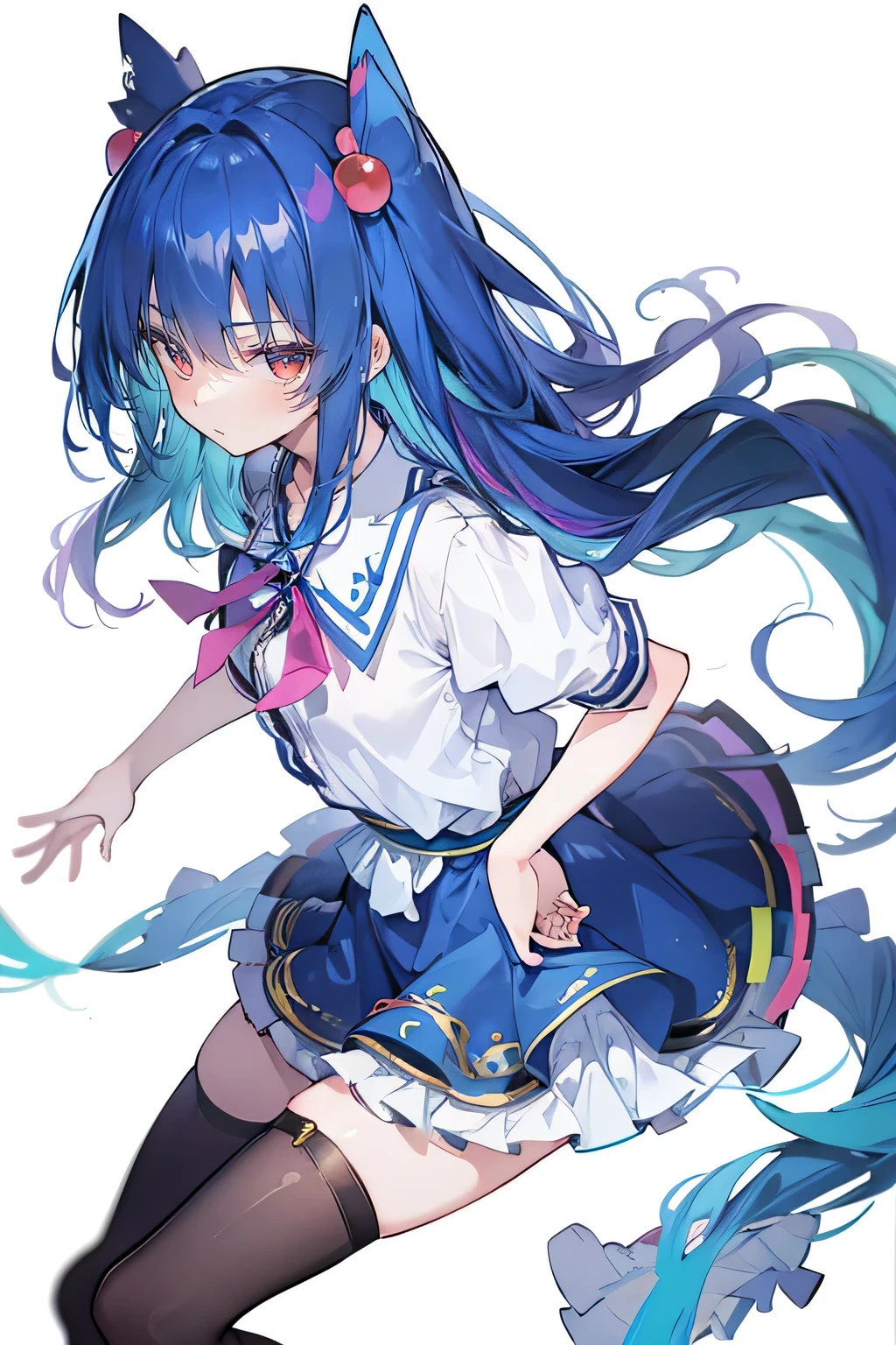 (masterpiece),best quality, expressive eyes, perfect face, 1girl,
 Put your hands on your waist,fair, Gorgeous,Japanese cartoons,girl,lola,Hina Angel, blue hair, blue haired, floating clothes,Grab your waist, Grab your waist, hands on hips , hands on hips,sit, sit on ground, Legs on the ground, flat chest