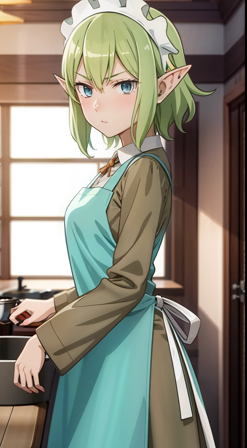 masterpiece,highest quality,anime,2D,detailed face, 1 girl, alone, pointed ears, blue eyes,green hair, looking at the viewer, apron, short hair, maid headdress, holding, dress, green dress, Are standing, From the side, maid, long sleeve, indoors, white apron, goblin,medium breasts,
(anime screencap:0.6),