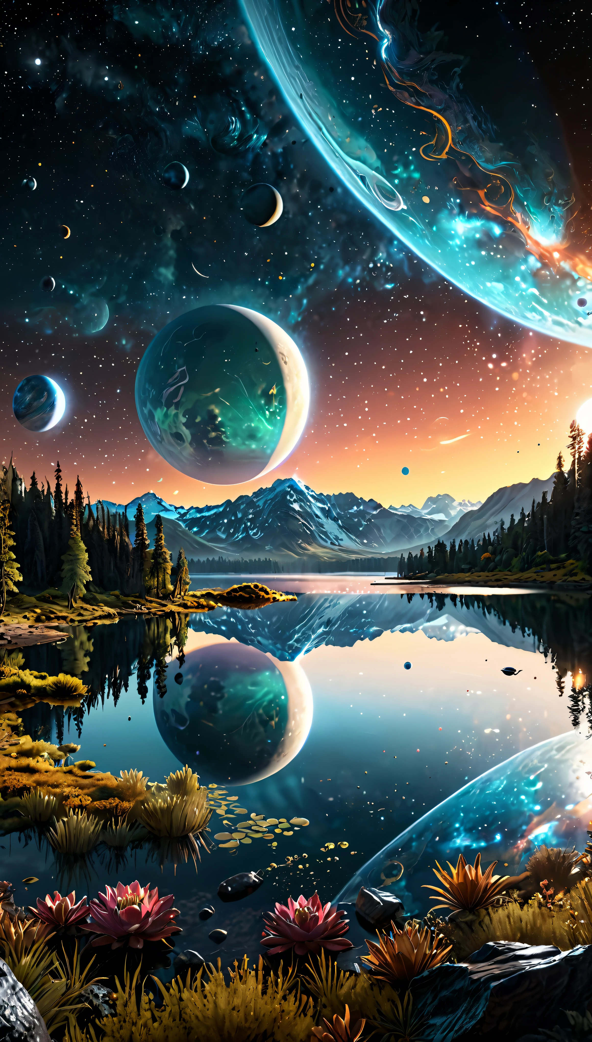 ((Masterpiece in maximum 16K resolution):1.6),((soft_color_photograpy:)1.5), ((Ultra-Detailed):1.4),((Movie-like still images and dynamic angles):1.3), ((Ultra wide angle):1.5),((fisheye lens photo):1.3). | (Cinematic photo of Alien Planet Landscape), (Nearby Moons with visible lakes), (magical vegetations), ((tyndall effect):1.1), ((exotic night sky):1.2), ((sense of discovery):1.1), (shimmer), (visual experience), (Realism), (Realistic), award-winning graphics, dark shot, film grain, extremely detailed, Digital Art, rtx, Unreal Engine, scene concept anti glare effect, All captured with sharp focus.
Rendered in ultra-high definition with UHD and retina quality, this masterpiece ensures super detail. With a focus on high quality and accuracy, this award-winning portrayal captures every nuance in stunning 16k resolution, immersing viewers in its lifelike depiction.
((perfect_composition, perfect_design, perfect_layout, perfect_detail, ultra_detailed)), ((enhance_all, fix_everything)), More Detail, Enhance.