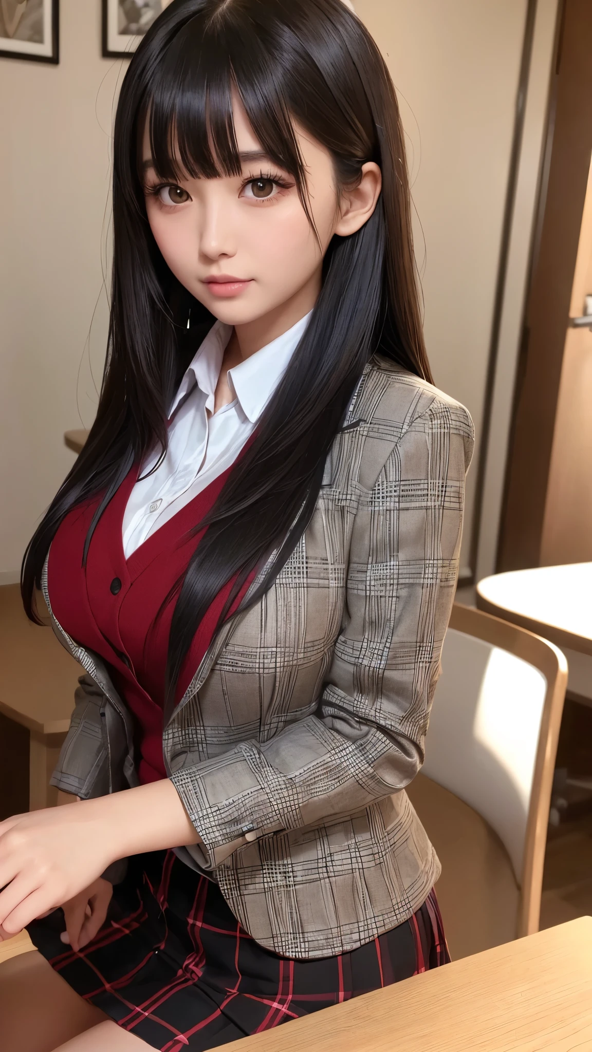 ((high quality)), ((table top)), (detailed face), (highlight), female、Big breasts、blunt bangs、black hair、plaid skirt、blazer red black、