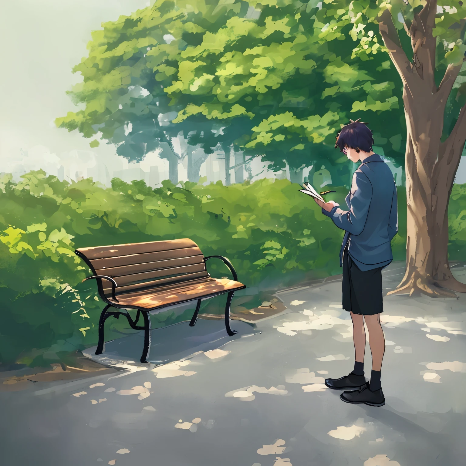 A introvert guy setting alone in a bench and drawing