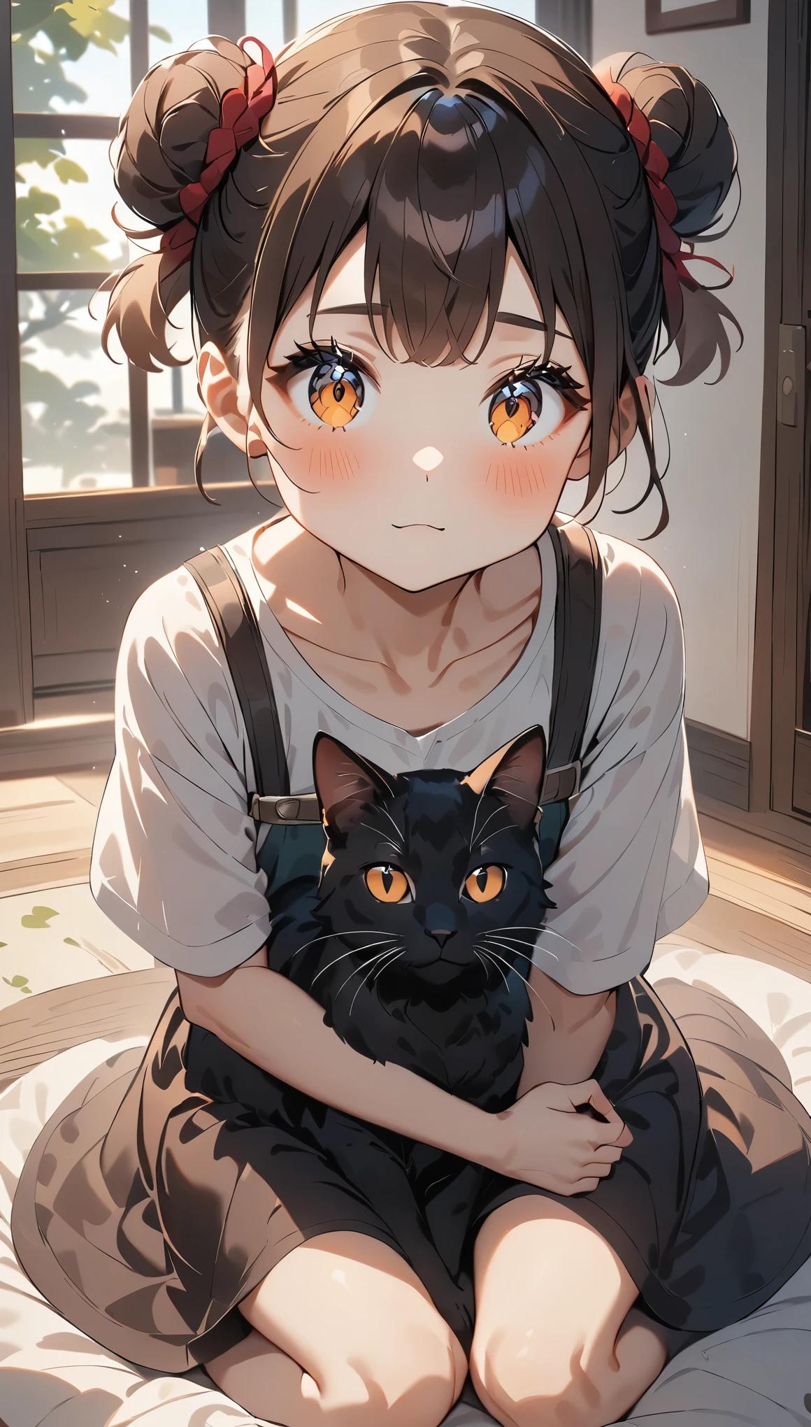 highest quality、Black catを抱く女の子、cute  girl、Bun hair with brown hair tied、Black cat、natural look、long shot、Natural light