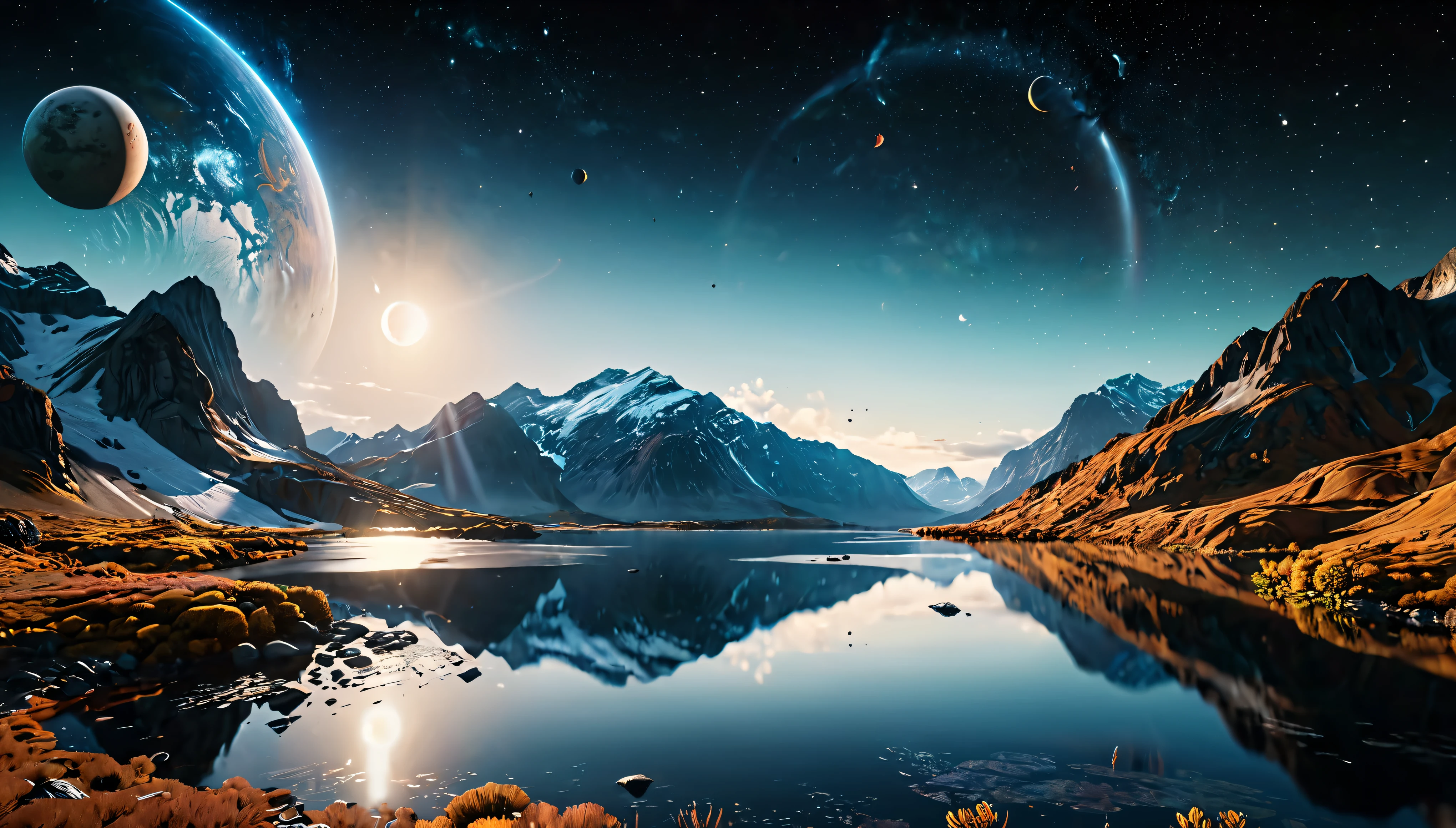 ((Masterpiece in maximum 16K resolution):1.6),((soft_color_photograpy:)1.5), ((Ultra-Detailed):1.4),((Movie-like still images and dynamic angles):1.3), ((Ultra wide angle):1.5),((fisheye lens photo):1.3). | (Cinematic photo of Alien Planet Landscape), (Nearby Moons with visible lakes), (magical vegetations), ((tyndall effect):1.1), ((exotic night sky):1.2), ((sense of discovery):1.1), (shimmer), (visual experience), (Realism), (Realistic), award-winning graphics, dark shot, film grain, extremely detailed, Digital Art, rtx, Unreal Engine, scene concept anti glare effect, All captured with sharp focus.
Rendered in ultra-high definition with UHD and retina quality, this masterpiece ensures super detail. With a focus on high quality and accuracy, this award-winning portrayal captures every nuance in stunning 16k resolution, immersing viewers in its lifelike depiction.
((perfect_composition, perfect_design, perfect_layout, perfect_detail, ultra_detailed)), ((enhance_all, fix_everything)), More Detail, Enhance.