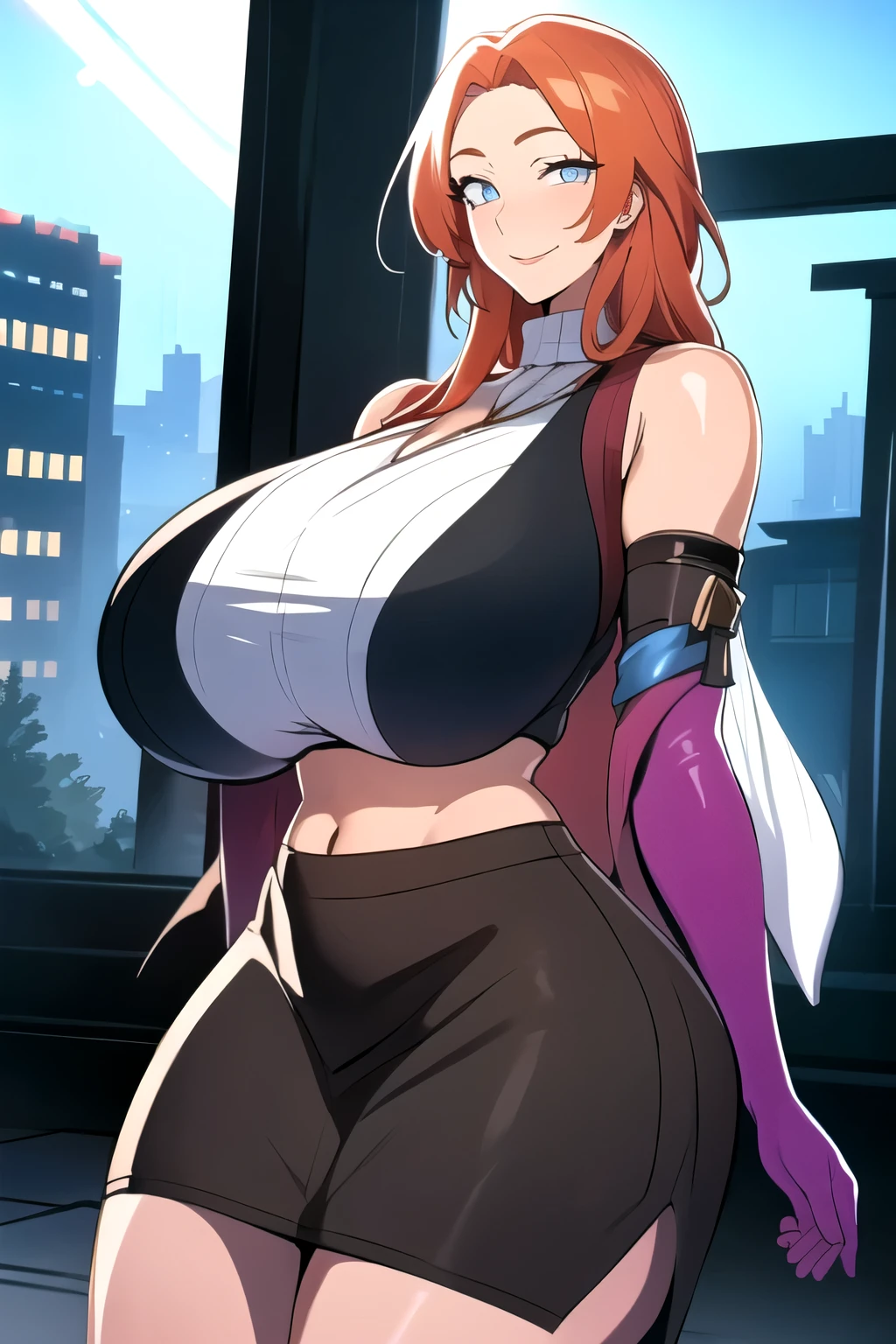masterpiece, best quality, matsumoto rangiku, beautiful lighting, ((orange hair: 1.1)), long hair, turtleneck, crop top, pencil skirt, underboob, necklace, gigantic breasts, (blue eyes: 1.1), standing, looking at viewer, blue eyes, smile, japanese architecture, cowboy shot, shiny skin, gigantic breasts, curvy, seductive smile, bare shoulders, elbow gloves, glowing eyes, Bright eyes,