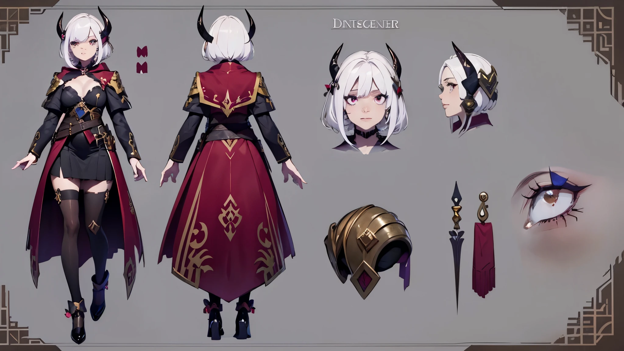 (Masterpiece, best quality), detailed, 1girl, ((character concept art)), ((character design sheet, same character, front, side, back)), many items, (adventurer guild lieder uniform, ex dungeon explorer, royal cloth, many parts), black demon horns, detailed purple eyes, detailed face, different expressions, small B cup , white hair and white skin, detailed hair, formal style haircut, full of details.