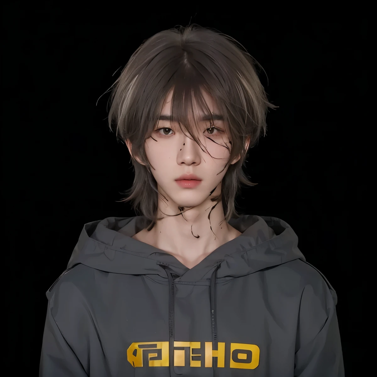 Real life adaption of this character, ((Korean teen handsome face)), Realistic eyes,((realistic very Messy white hair)), realistic brown hair, ((realistic same outfit)), hyper realistic, realism, realistic light, realistic shadow,(photorealistic:1.2),Cool expression