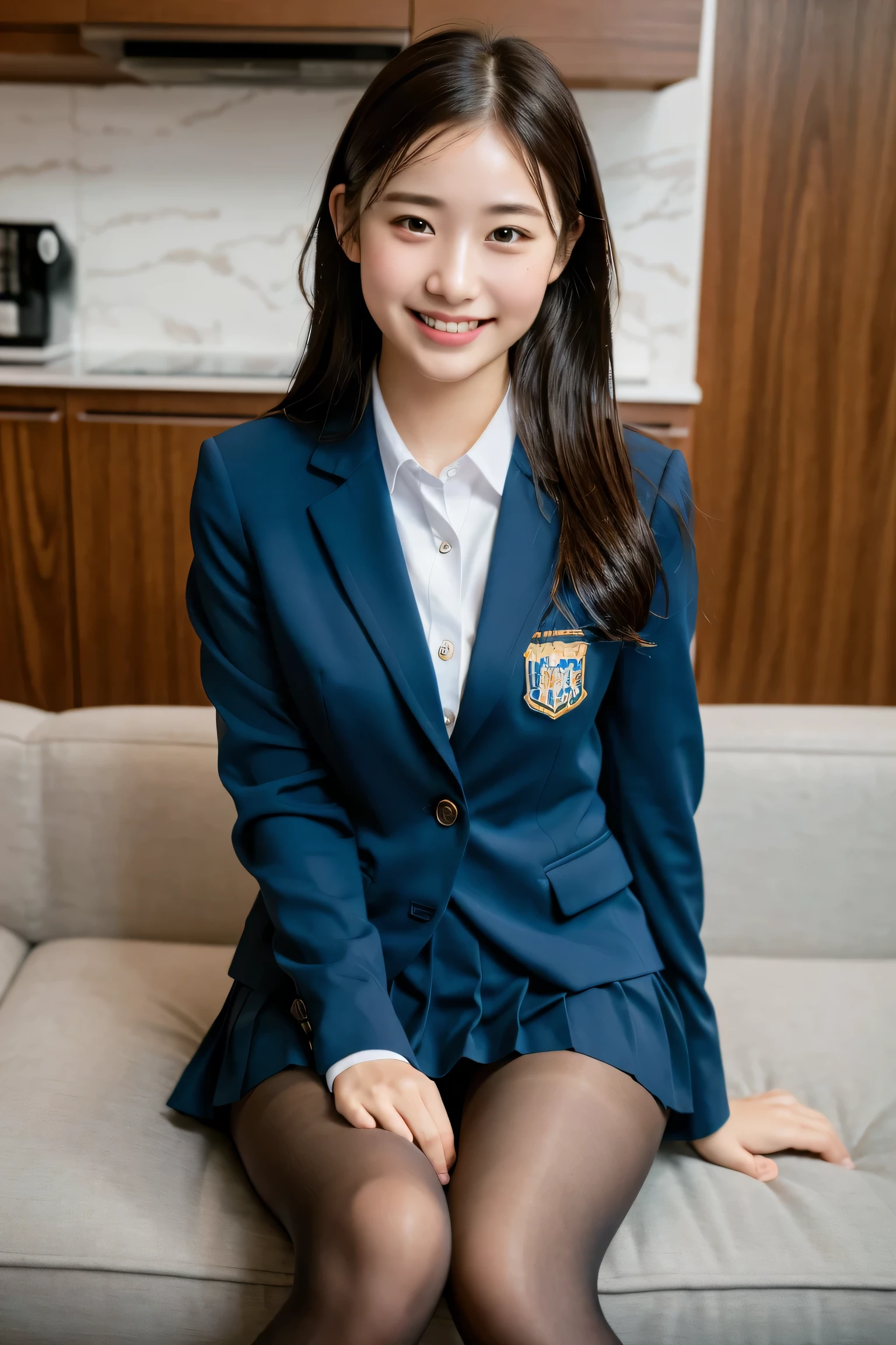 (8k), (highest quality: 1.2), (realistic), (realistic: 1.37), ultra high resolution, 1 girl, cute, smile, closed mouth, beautiful details, beautiful nose, wet hair, giant dulcefo, pork,College student uniform,simple blazer,pleated skirt,Sit down,non-transparent tights,From Above,thighs