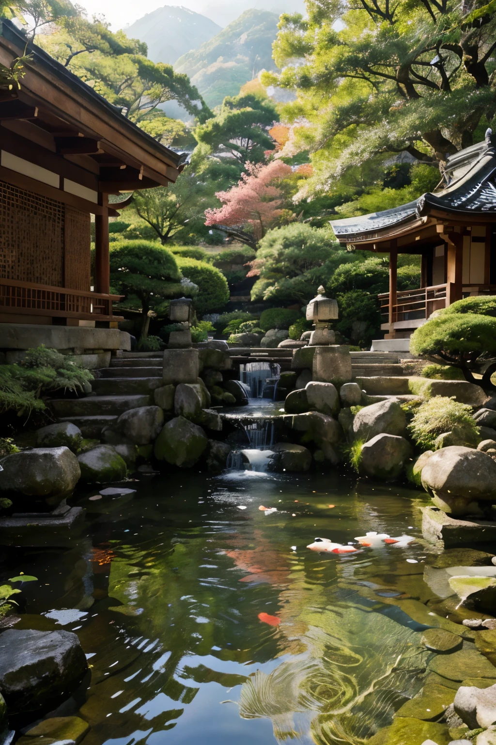 (best quality,4k,8k,highres,masterpiece:1.2),ultra-detailed,(realistic,photorealistic,photo-realistic:1.37),traditional Japanese garden,serene atmosphere,peaceful,tranquil scenery,Nagano Prefecture (Japan),sakura trees in full bloom,colorful autumn foliage,traditional wooden houses,snow-capped mountains,Japanese red bridge over a flowing river,reflection of the landscape in the water,gentle flowing waterfall,stone lanterns illuminating the garden,people dressed in traditional kimonos enjoying the scenery,crisp and clean air,misty morning,unspoiled natural beauty,manicured bonsai trees,stone pathways leading through the garden,peaceful sounds of nature,traditional tea house,aroma of green tea,sliding doors with paper screens,traditional wooden bridges,carp swimming lazily in the clear water,traditional stone steps leading up to a hill,torii gate marking the entrance to a shrine,sunlight streaming through the trees,tranquil meditation spots,crimson maples against the green landscape,Japanese calligraphy,artistic rock formations,detailed roof tiles of the traditional houses,subtle shades of pink,white, and green,lush vegetation,calm reflection pond,artistic arrangement of stones and moss,koi fish swimming gracefully,subtle play of light and shadow,stepping stones across the water,bamboo grove,distant sound of temple bells,vibrant colors,serene zen atmosphere,enveloped in nature's beauty.