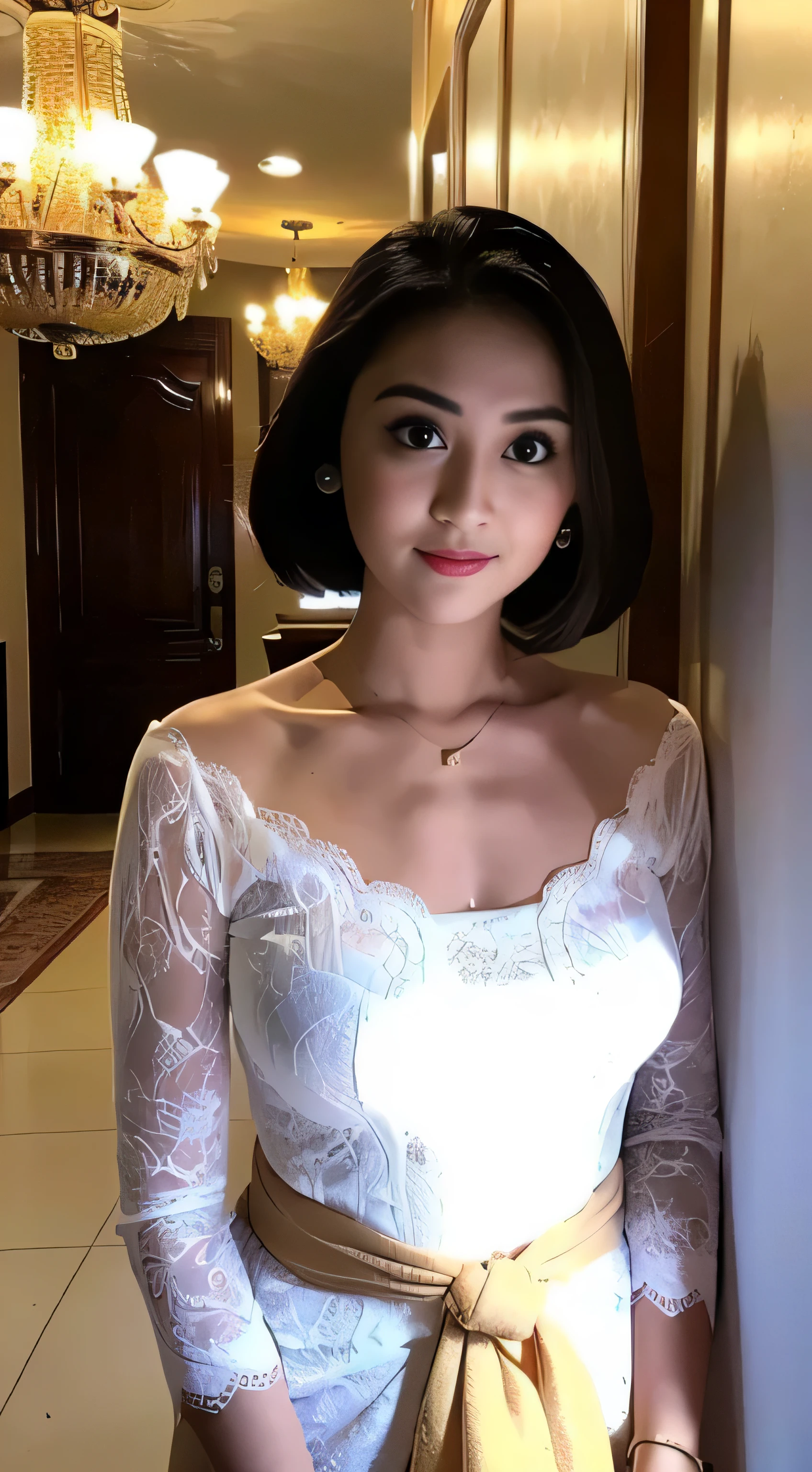 mix4,(8k, RAW photo, best quality, masterpiece:1.2), (realistic, photo-realistic:1.37),1girl,cute,lounge background, night, professional lighting, Physically-based rendering, gradient brunette hair, short hair, girly, white ball set, superb picture quality, high resolution, 1080p, (clear face), (detailed face description), (detailed hand description), (masterpiece), (exquisite CG), extreme light and shadow, messy hair, masterpiece, rich detail, (exquisite facial features), (highest image quality), (masterpiece), (detailed eyes), look forward to your eyes, delicate collarbone, kebaya_bali, facing front, white kebaya, arms down, upper body, frontal pose, looking at viewer