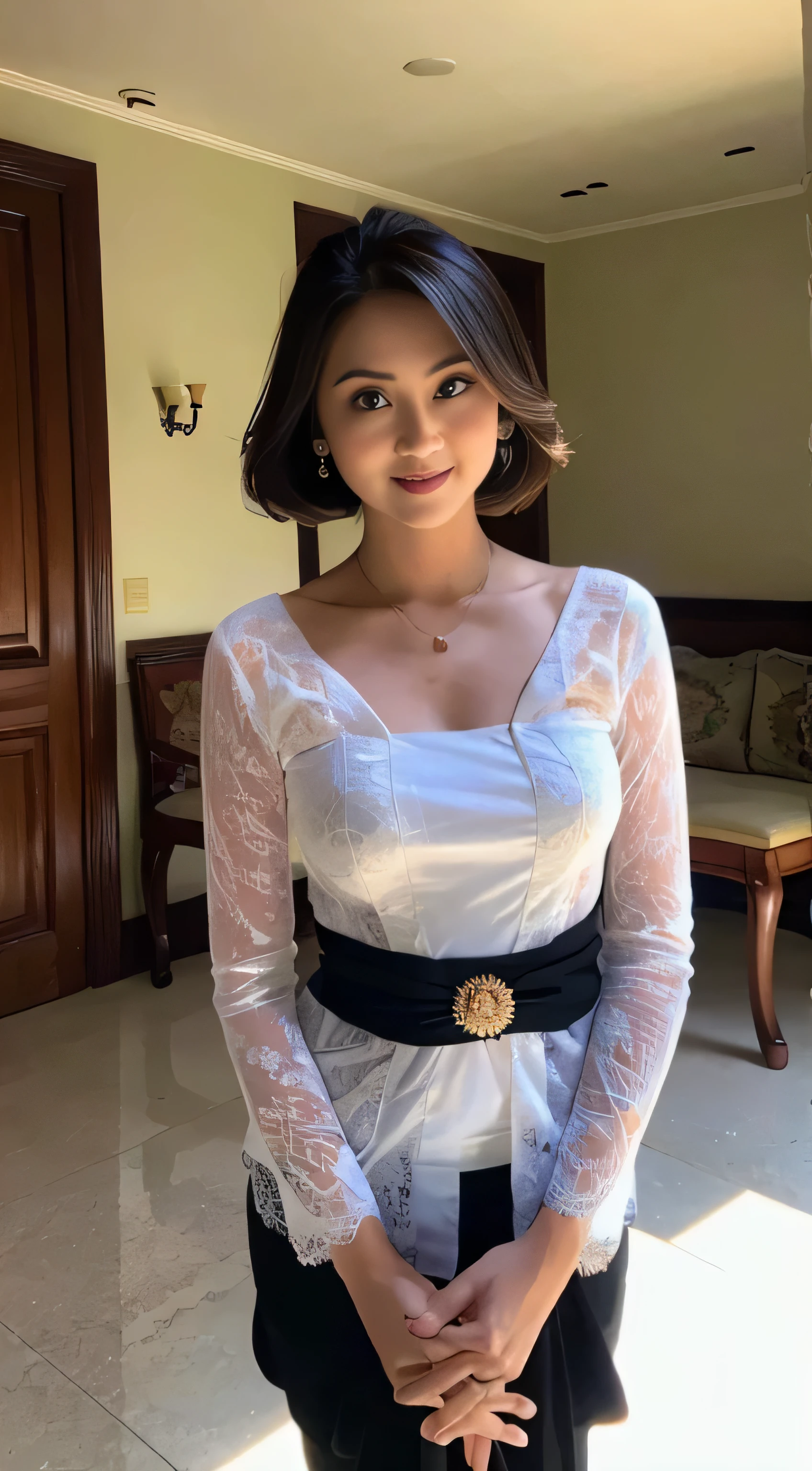 mix4,(8k, RAW photo, best quality, masterpiece:1.2), (realistic, photo-realistic:1.37),1girl,cute,lounge background, night, professional lighting, Physically-based rendering, gradient brunette hair, short hair, girly, white ball set, superb picture quality, high resolution, 1080p, (clear face), (detailed face description), (detailed hand description), (masterpiece), (exquisite CG), extreme light and shadow, messy hair, masterpiece, rich detail, (exquisite facial features), (highest image quality), (masterpiece), (detailed eyes), look forward to your eyes, delicate collarbone, kebaya_bali, facing front, white kebaya, arms down, upper body, frontal pose, looking at viewer